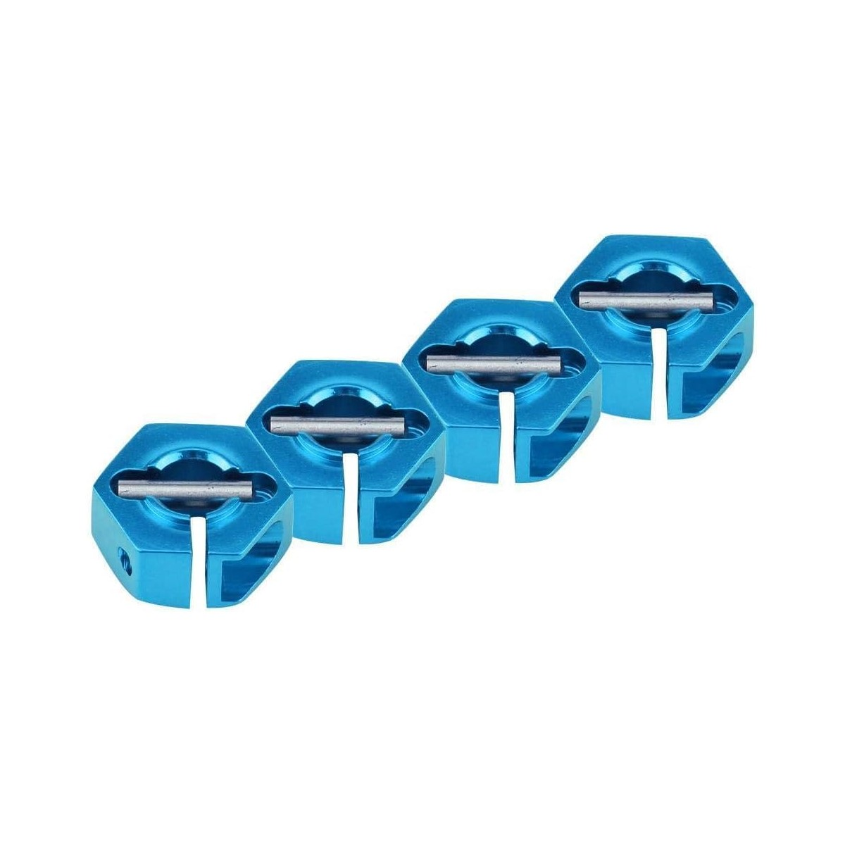 Vier blaue Metall-Sechskantmuttern mit Silberstift, diagonal auf weißem Hintergrund.