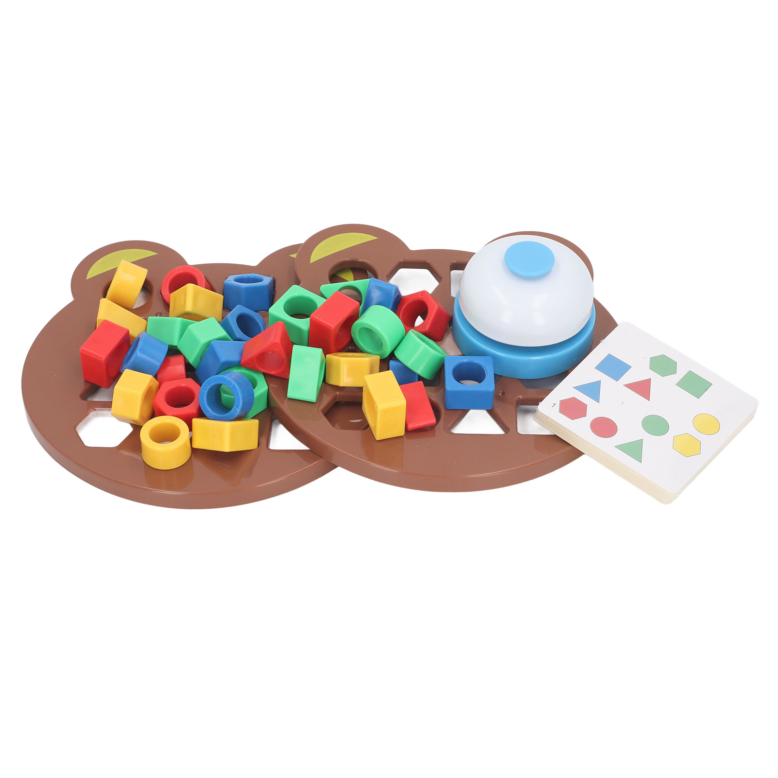 Ein hölzernes bärenförmiges Spielzeug mit bunten Formen und einer Glocke.