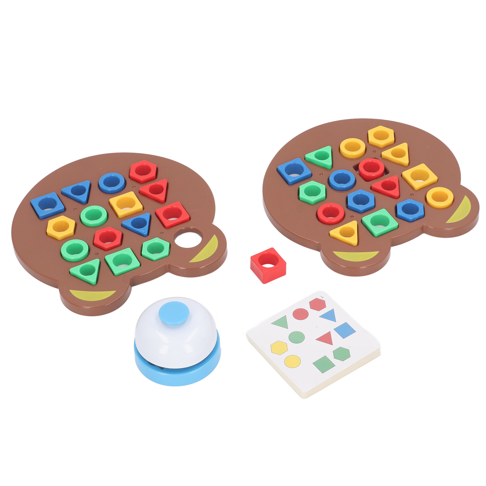 Zwei bärenförmige Holzpuzzles, eine Glocke und eine Karte mit Formen und Farben.