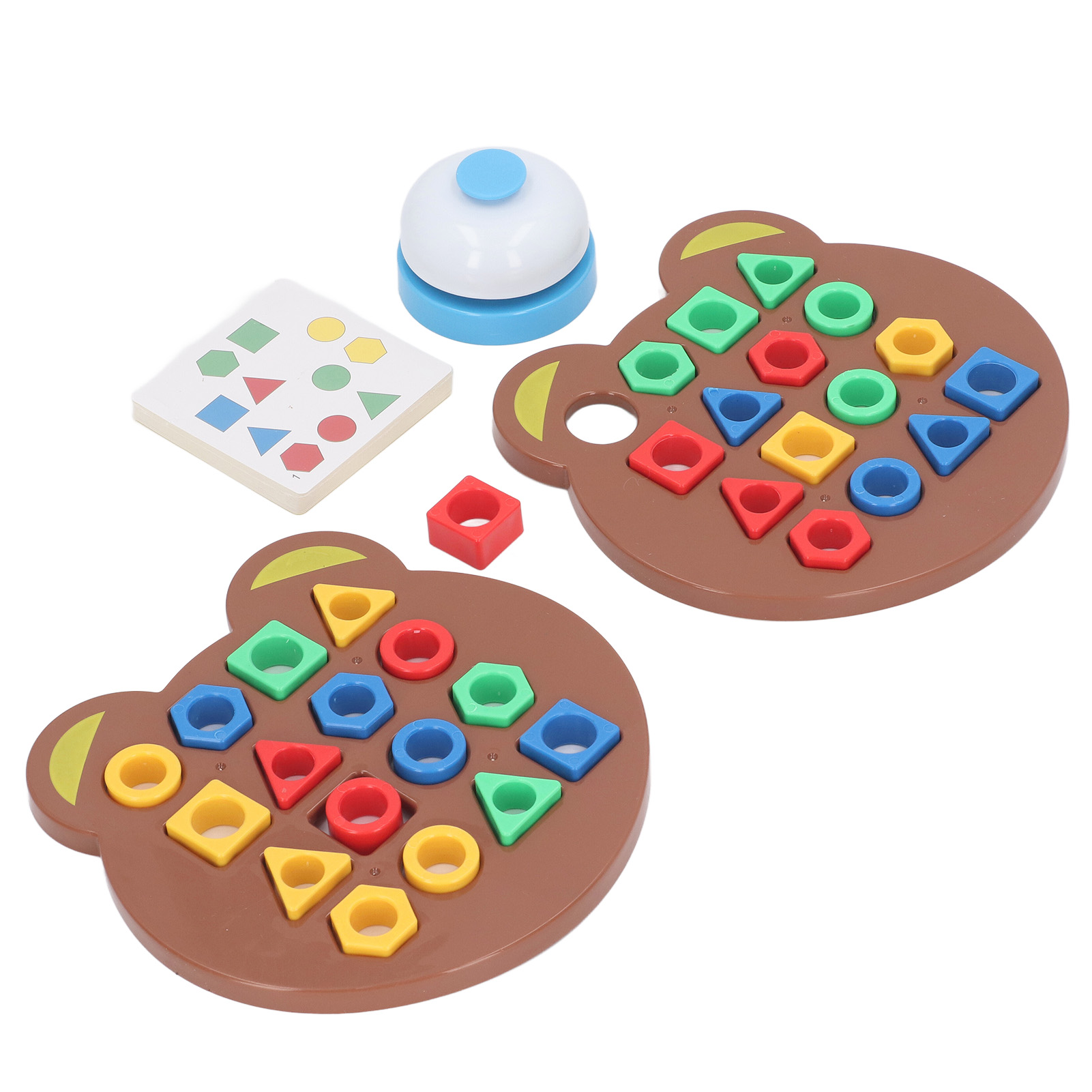 Zwei hölzerne bärenförmige Puzzles mit bunten Formen und einer Glocke.