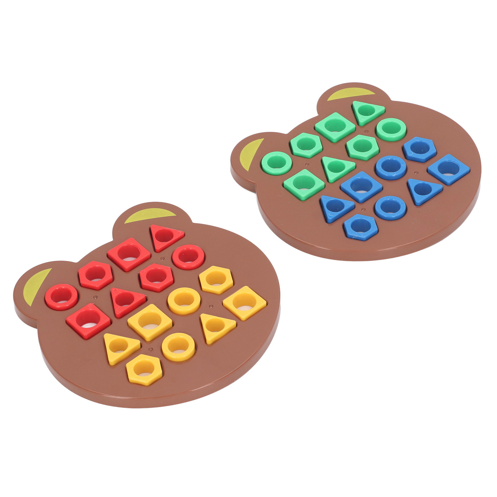 Zwei bärenförmige Holzspielzeuge mit verschiedenfarbigen geometrischen Formen zum Sortieren.