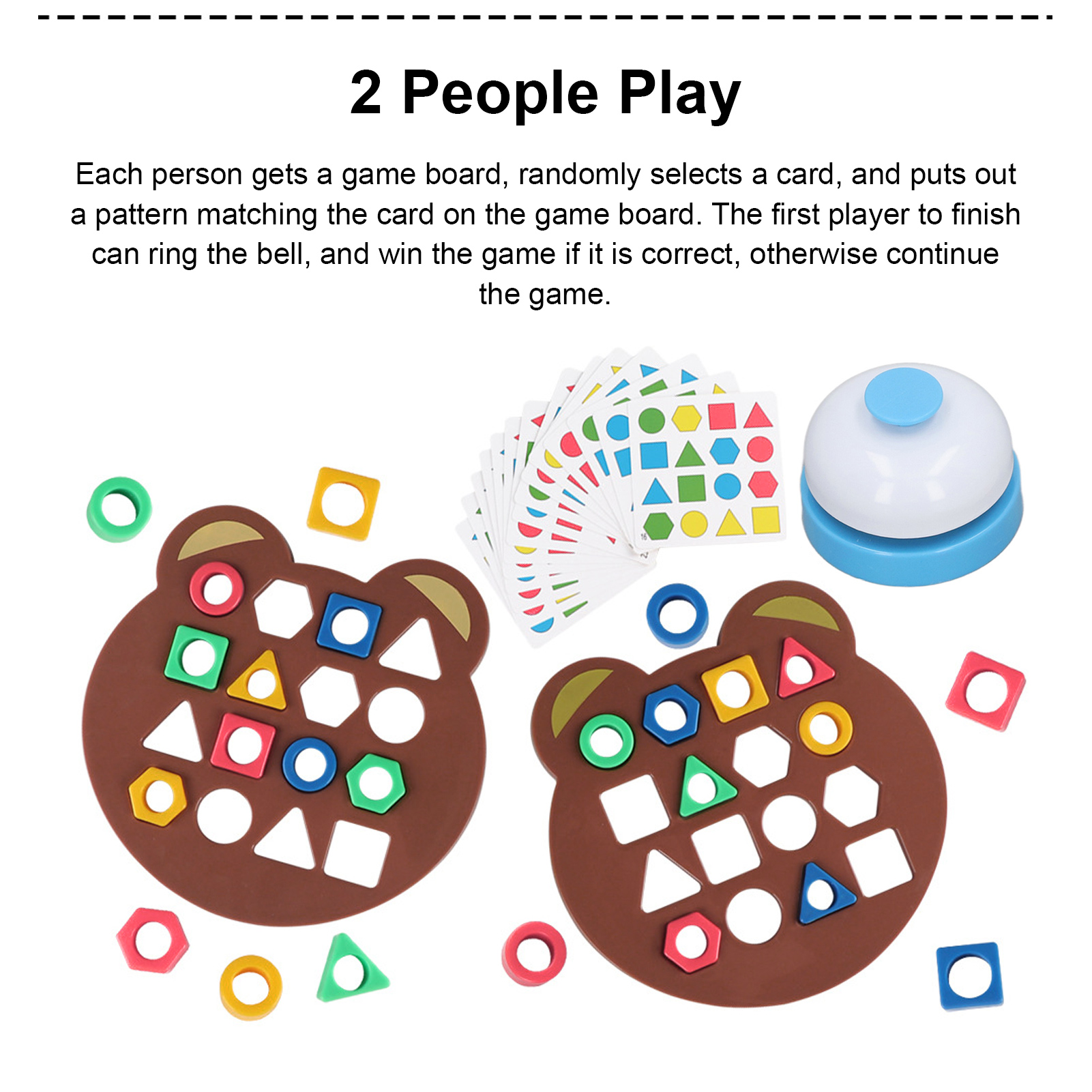Ein Spiel mit Formen und einer Glocke auf einem Tisch. Der Text lautet '2 People Play'.