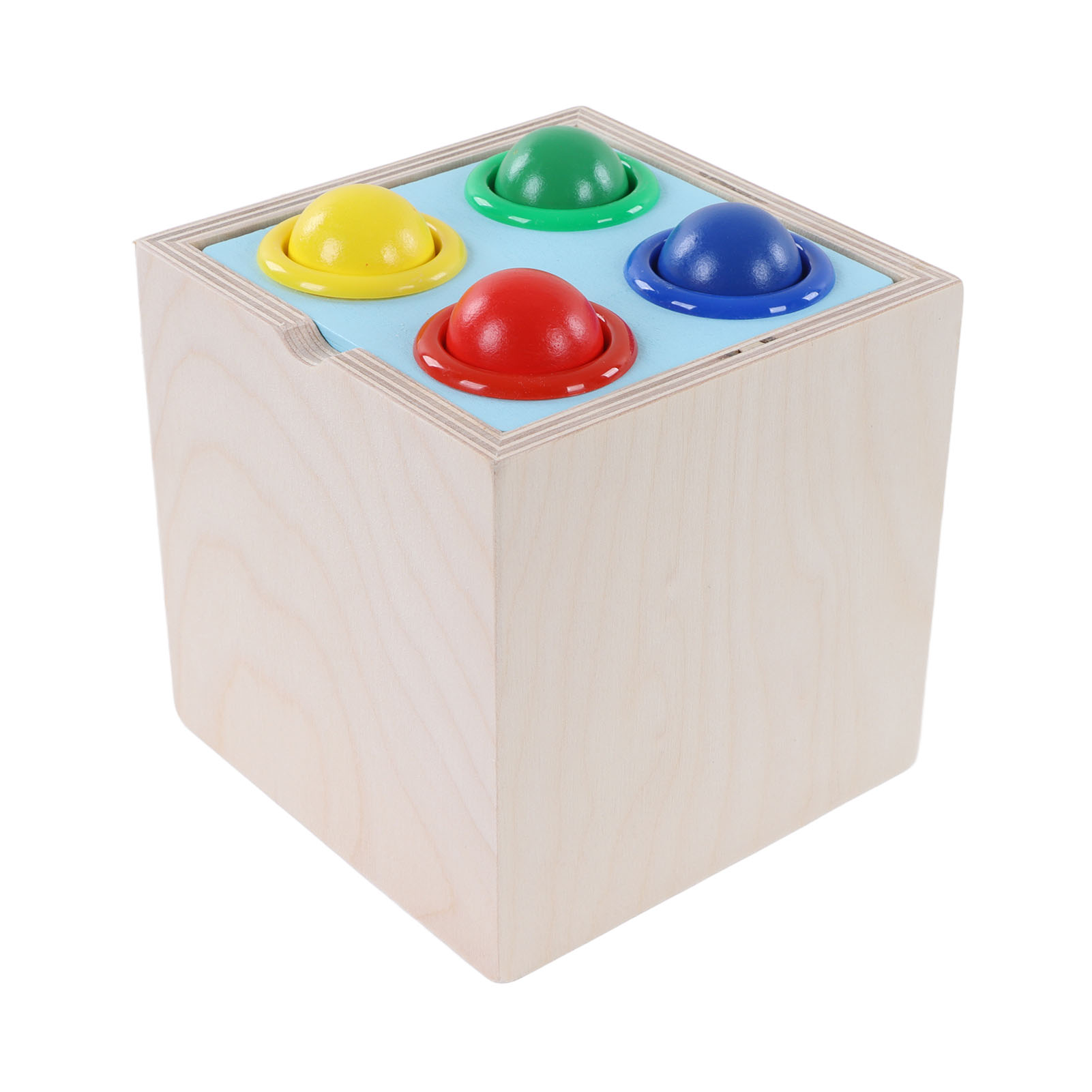 Holzkiste mit vier farbigen Pop-up-Knöpfen: gelb, grün, rot und blau.