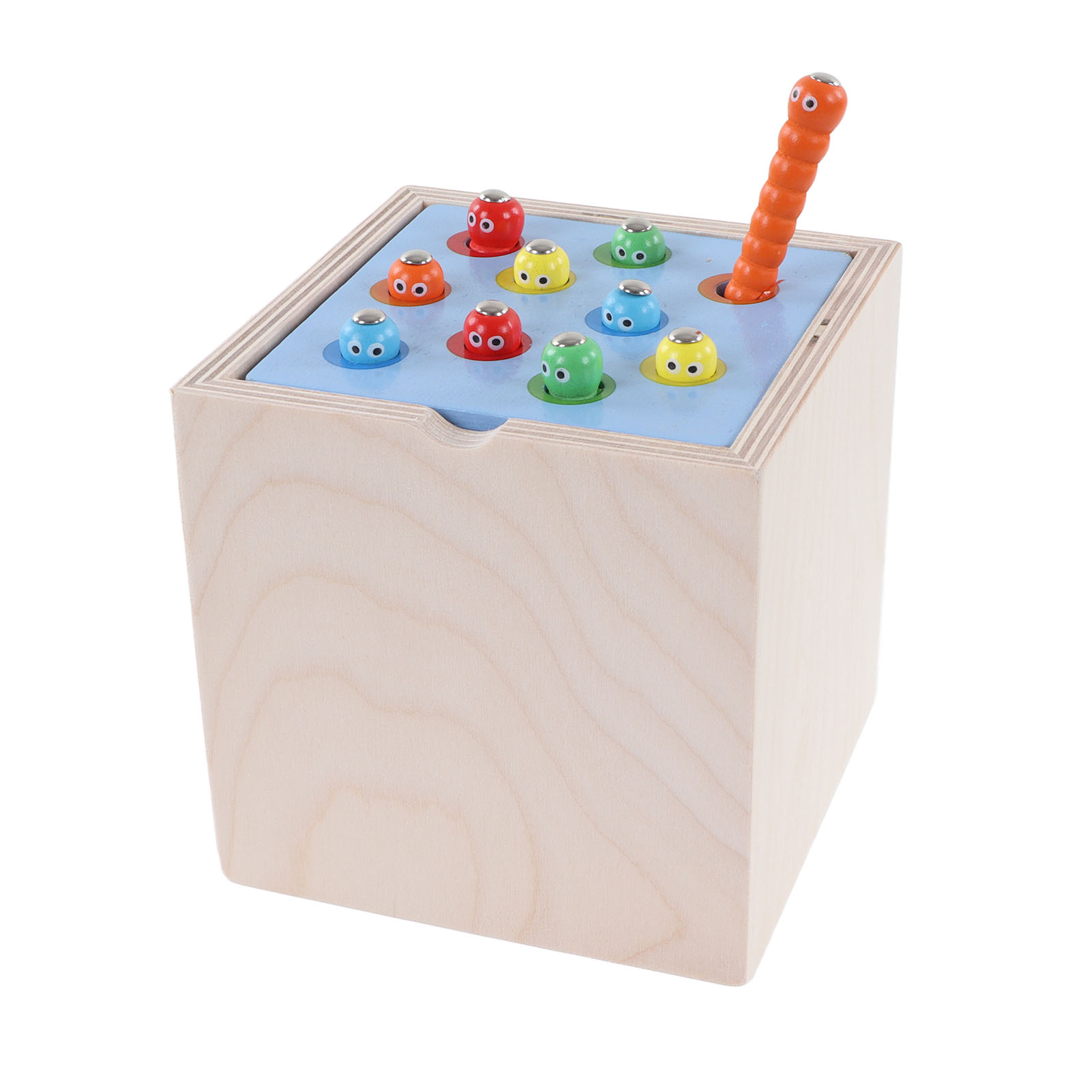 Holzspielzeug. Ein Holzquader mit Löchern und kleinen, bunten Tieren. Ein Holzstab liegt daneben.