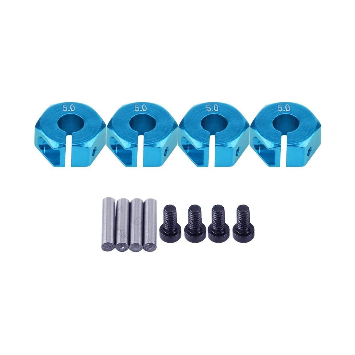 Vier blaue Metall-Rad-Sechskantadapter mit der Aufschrift 5,0. Enthält auch Stifte und Schrauben.