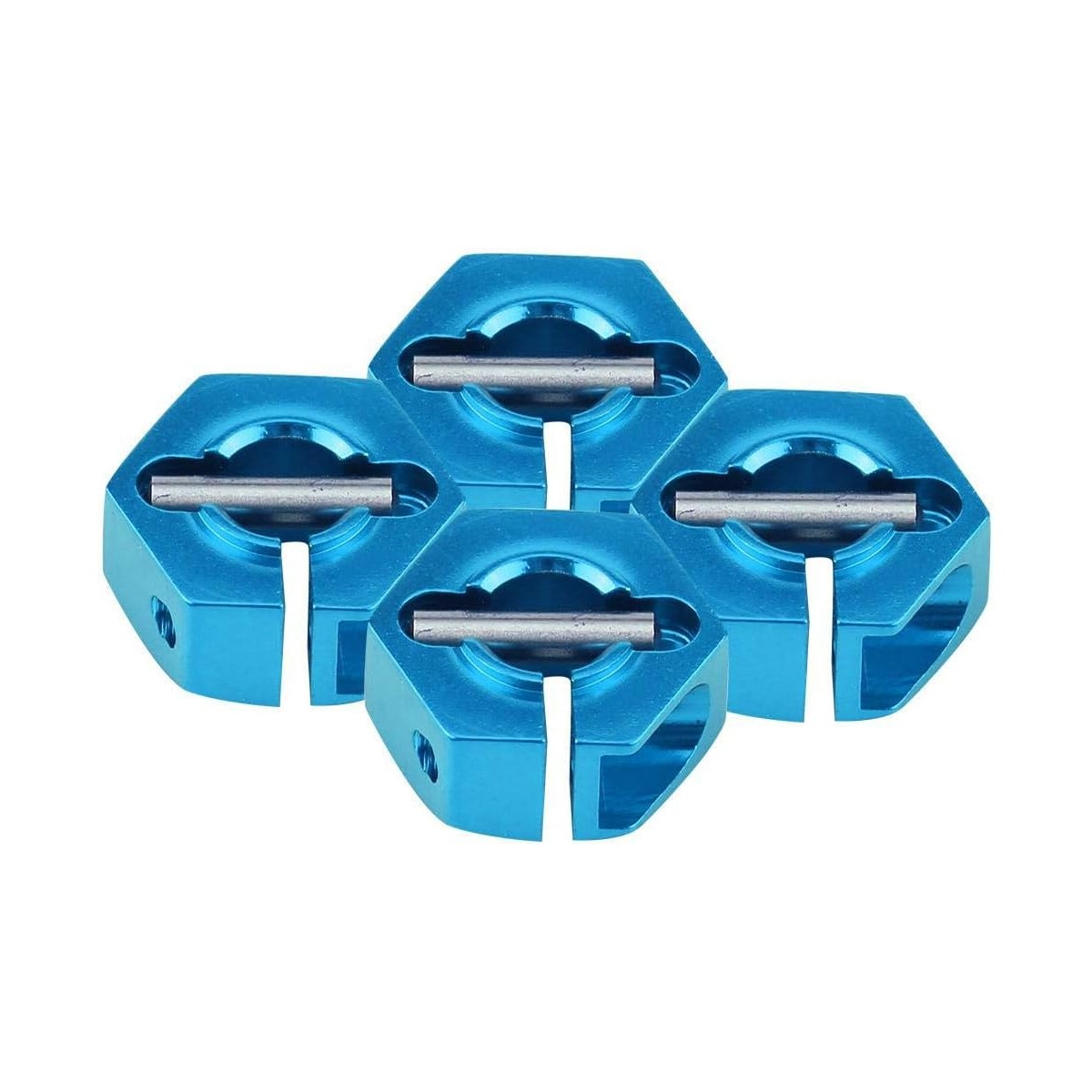 Vier blaue, sechseckige Objekte mit Metallstange, angeordnet auf weißem Untergrund.