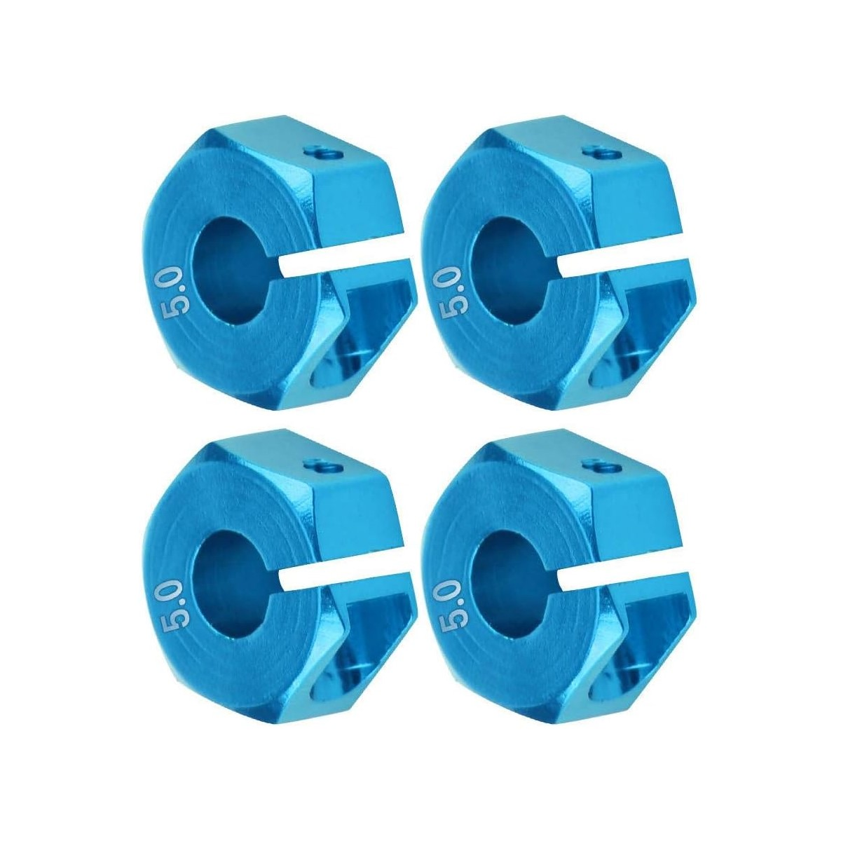 Vier blaue, sechseckige Metallteile mit Loch in der Mitte und '5.0' an den Seiten. RC-Autoteile.