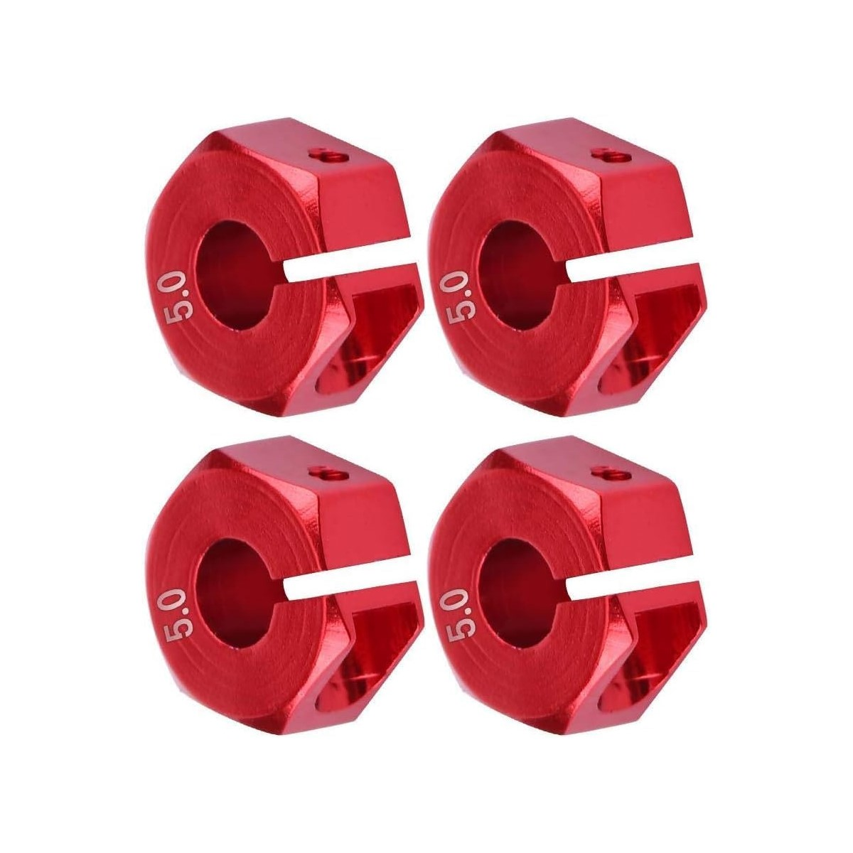 Vier rote Metall-Rad-Sechskantadapter, jeder mit der eingravierten Zahl 5.0. Sie sind neu.