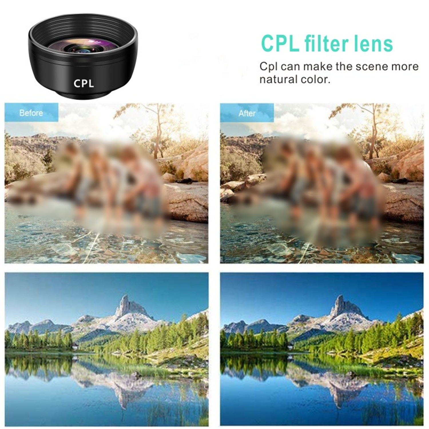 CPL-Filterobjektiv. Vorher- und Nachher-Fotos zeigen Landschaft. Objektiv mit CPL-Text oben.