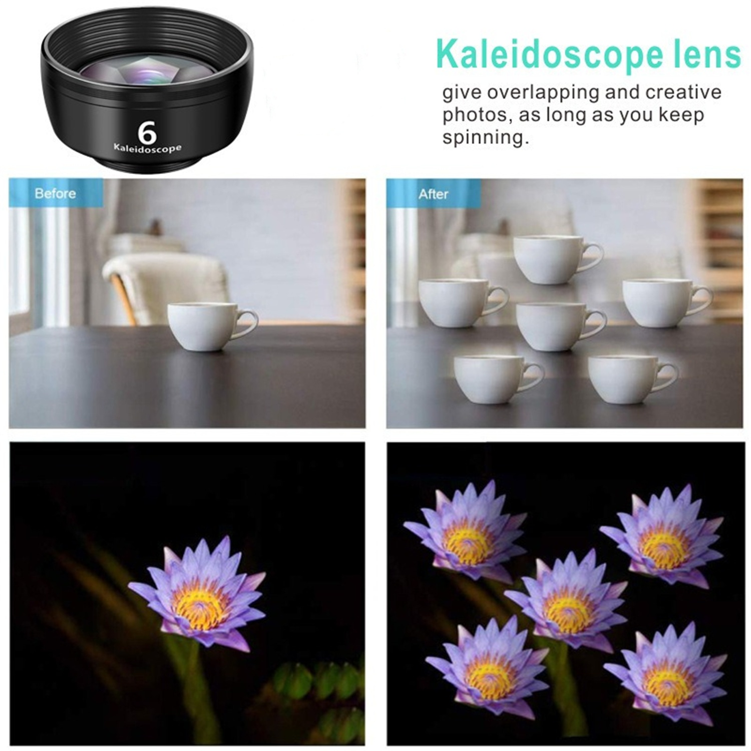 Kaleidoskop-Objektiv mit Vorher-Nachher-Bildern von Objekten und Blumen.