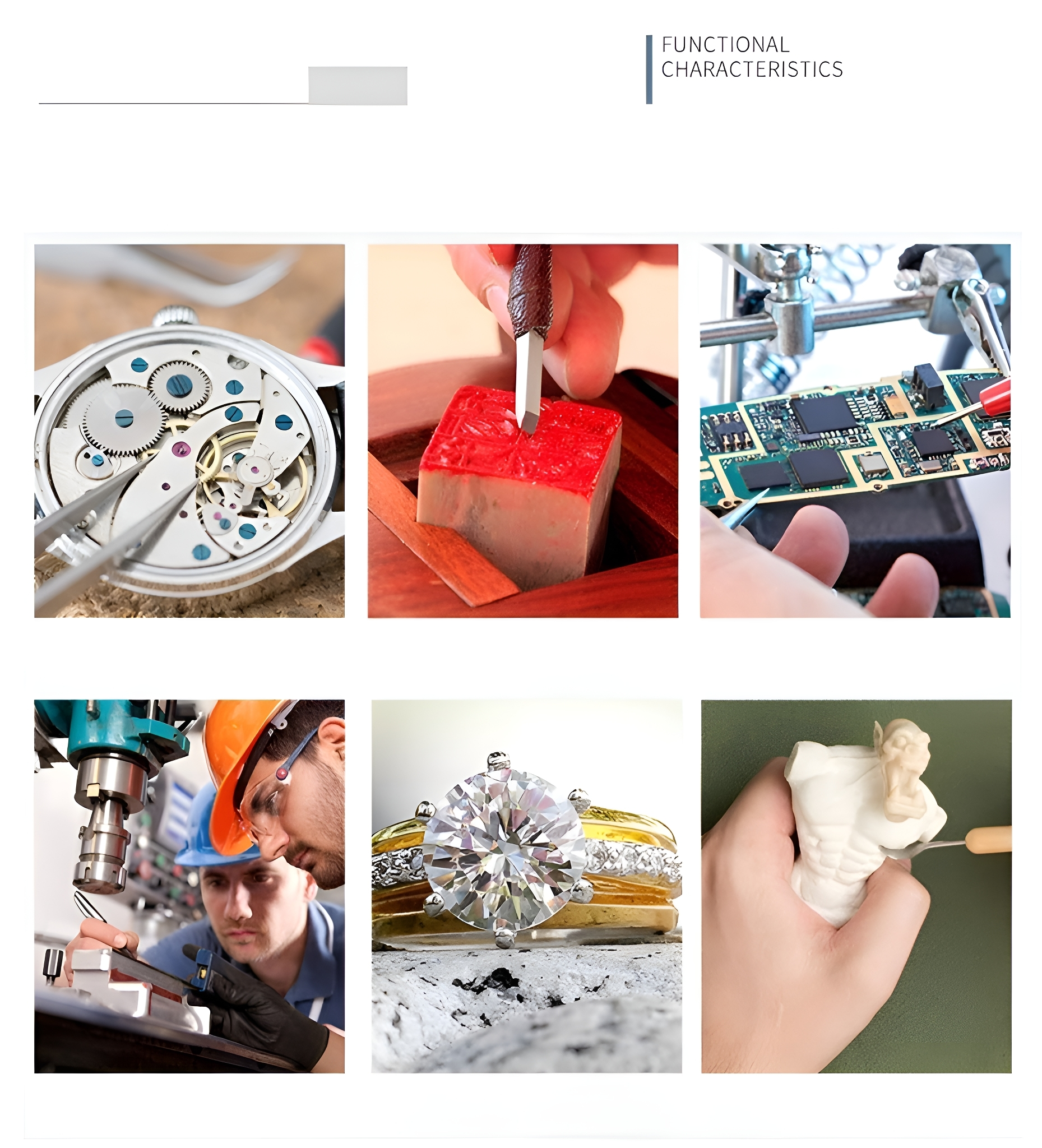 Collage von Bildern, die Handwerkskunst zeigen: Uhr, Schnitzen, Leiterplatte, Schmuck, Ring, Skulptur.