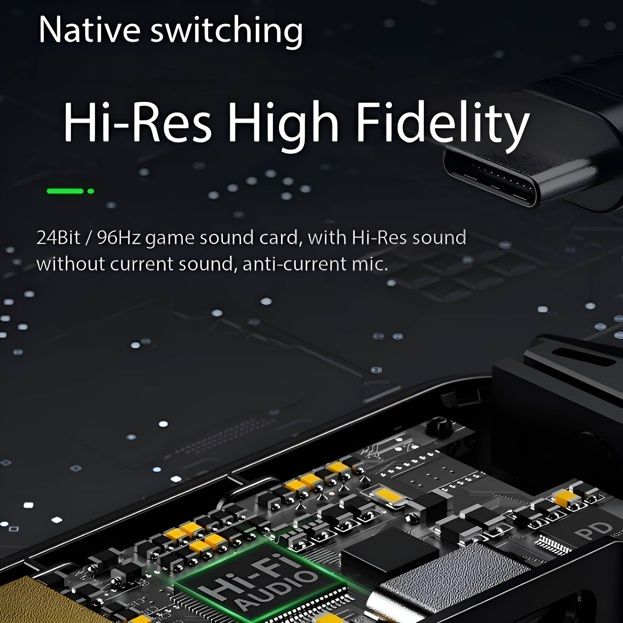 Hi-Res-Audiogerät mit einer Leiterplatte und Text über Hi-Fi-Audio.