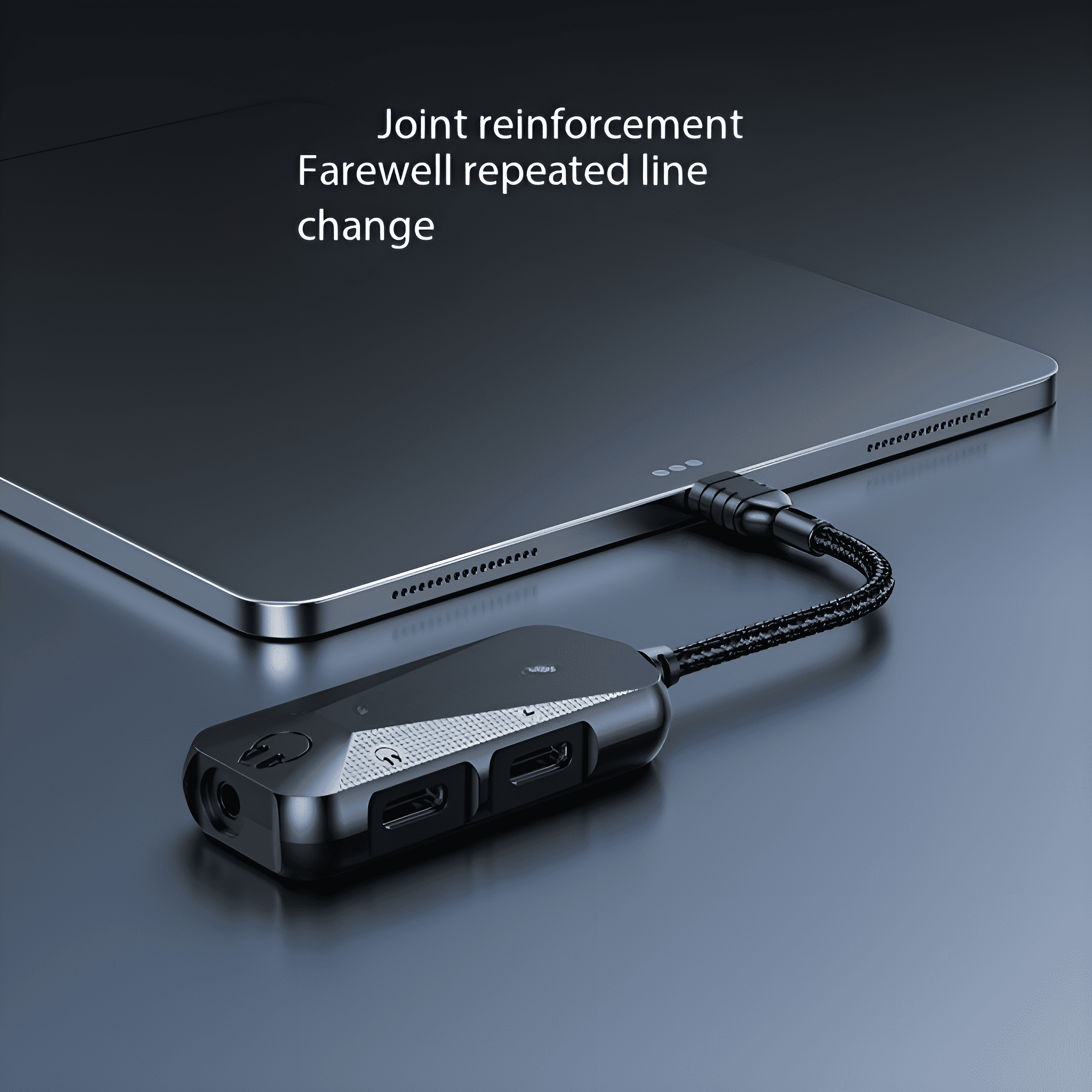 Ein schwarzes Gerät ist mit einem Tablet verbunden. Text: 'Joint reinforcement. Farewell repeated line change'.