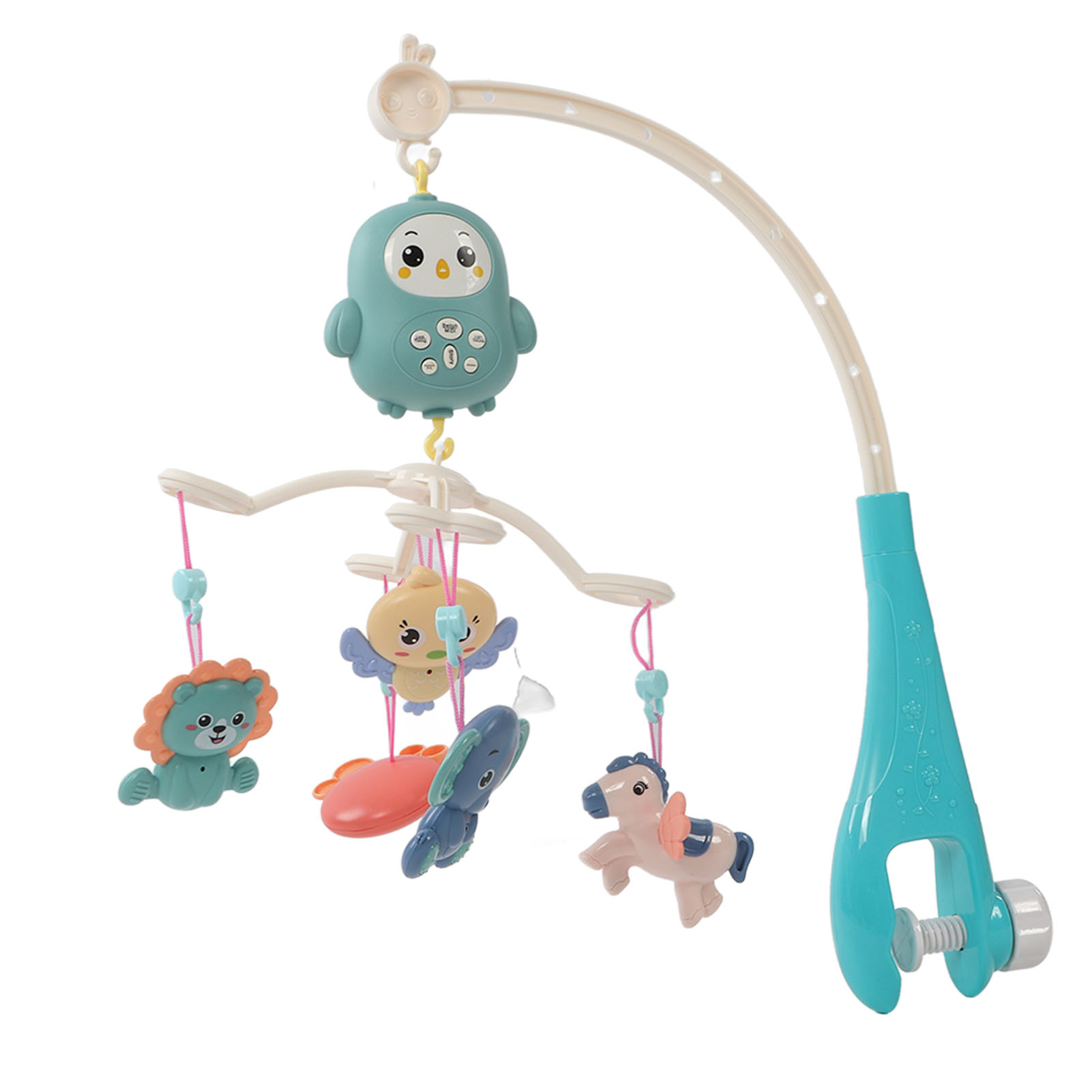 Mobile für Babys mit hängenden Spielzeugen: Löwe, Pferd, Vogel und eine Eule. Ein Mobile-Arm ist an einer Klemme befestigt.