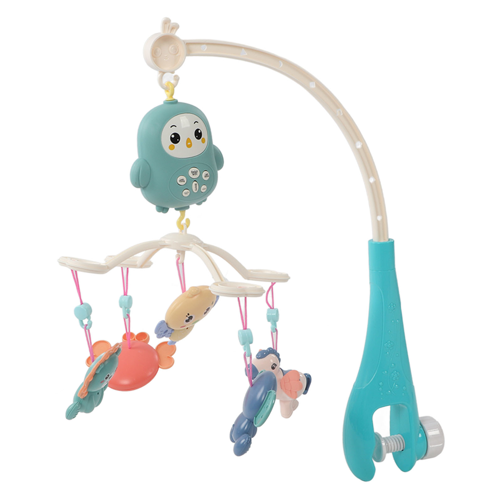 Ein Babymobile mit hängenden Tierfiguren und einem blauen Stützarm. Es hat eine blaue Eule oben.