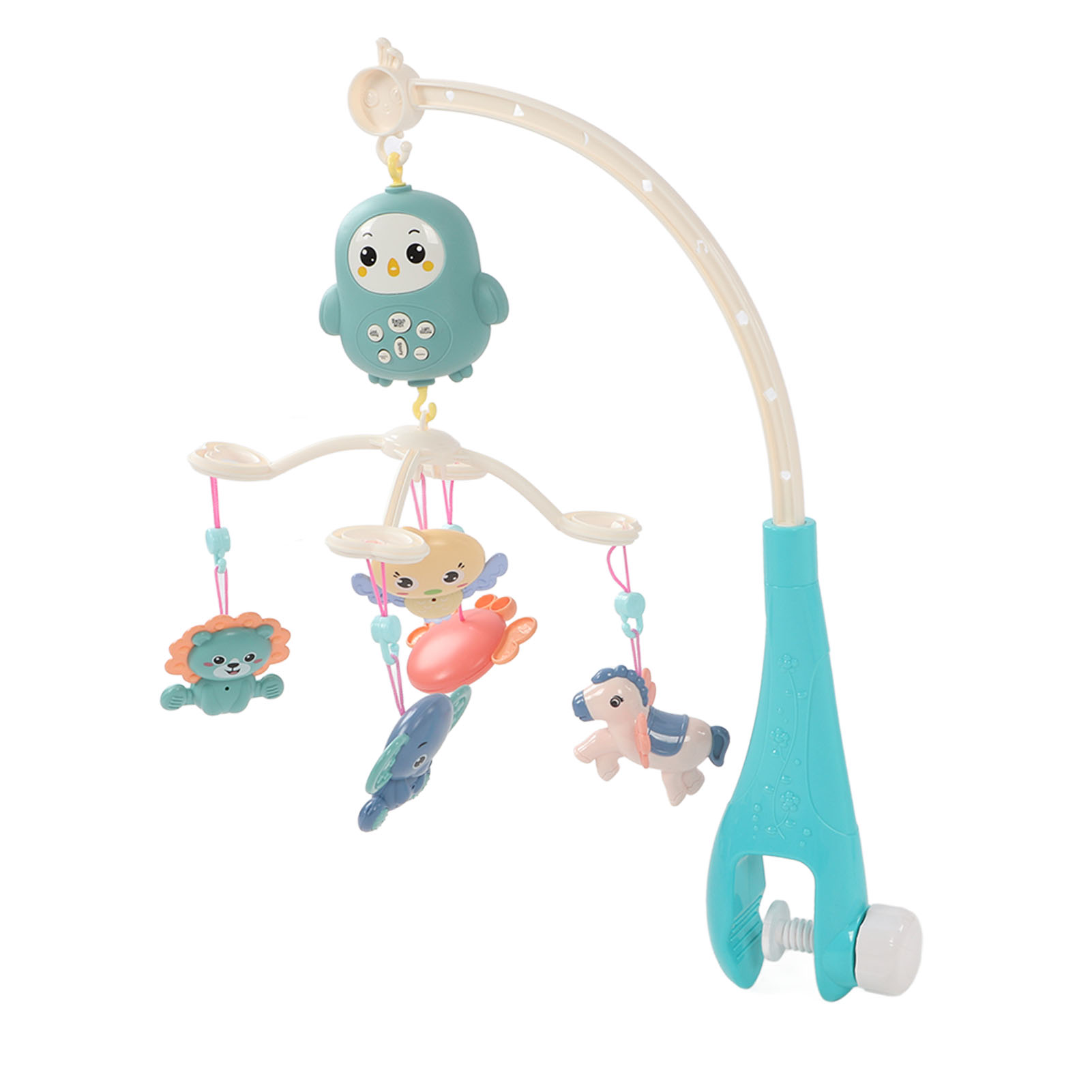 Ein Babymobile mit verschiedenen Tierfiguren in einem weiß-blauen Farbschema.