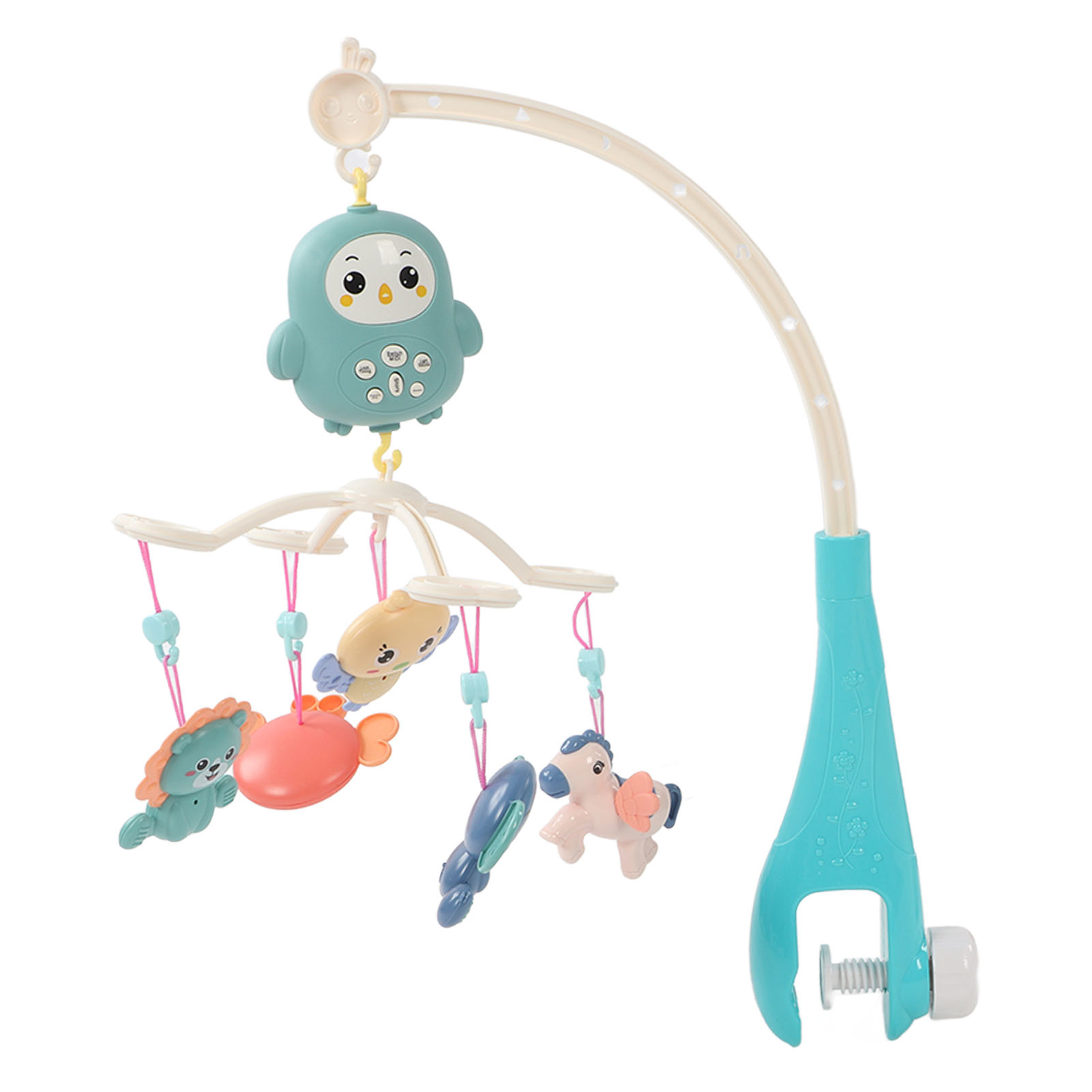Ein Babymobile mit hängenden Tieren. Ein Mobile mit Vogel und hängenden Spielzeugtieren, getragen von einer Klammer.