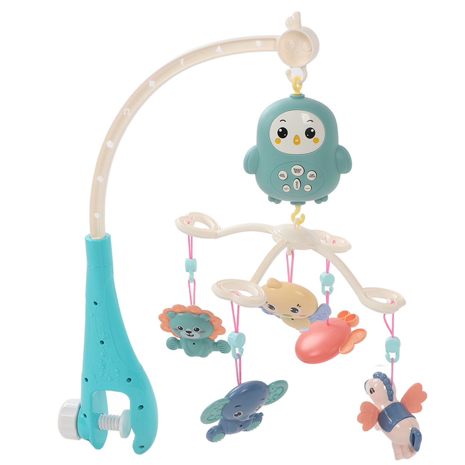 Babymobile mit hängenden Tierfiguren und einem musizierenden Pinguin.