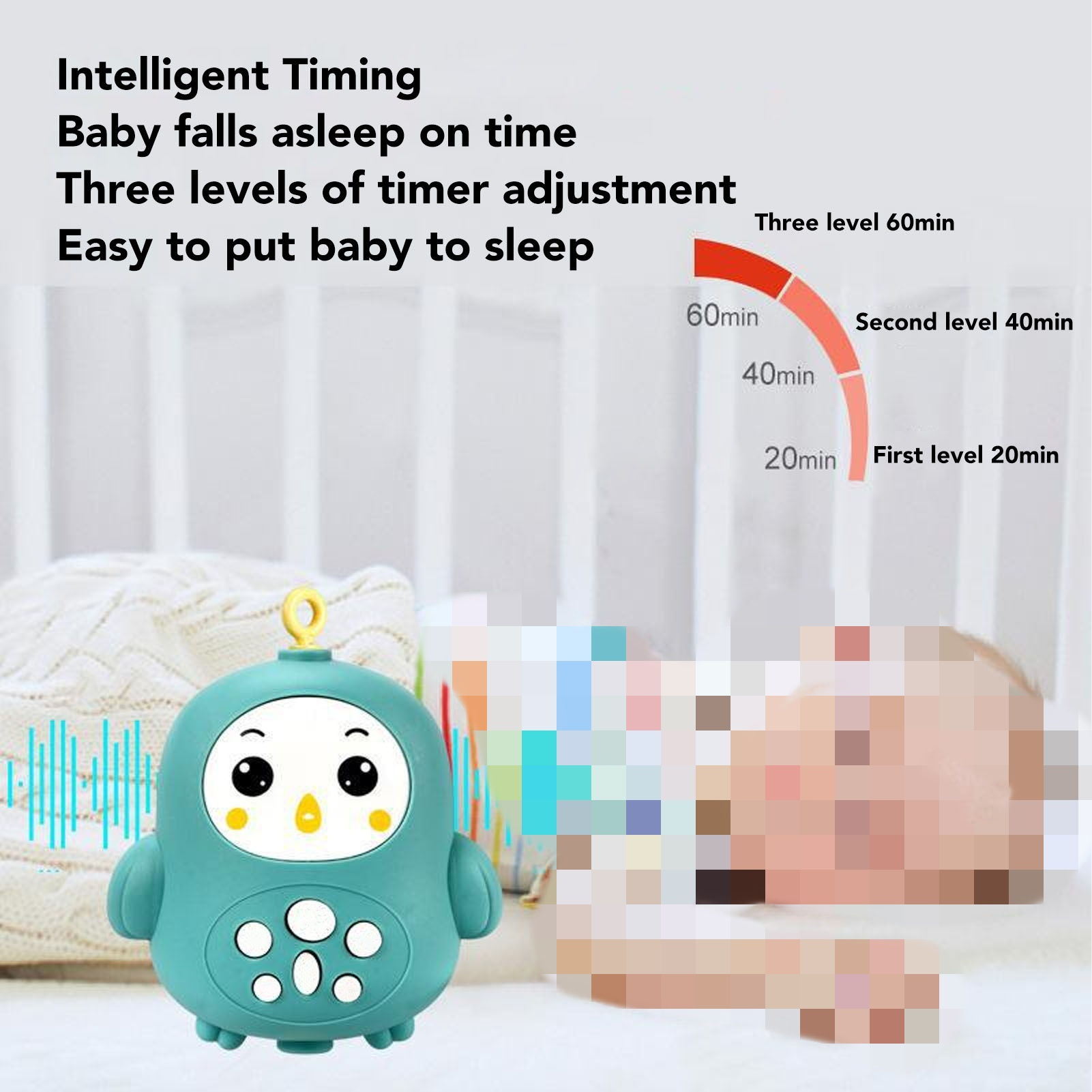 Babyphone mit Timer. Ein Baby liegt im Kinderbett. Text über die Zeiteinstellung.