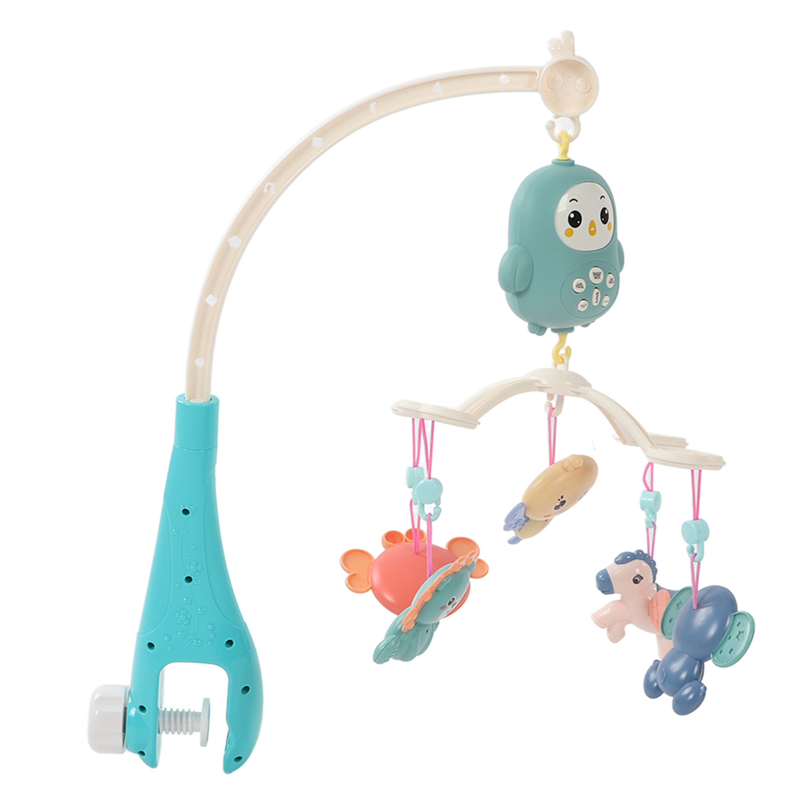 Babymobile mit Spielzeug: Eule, Fisch und Seepferdchen. Türkis, rosa und beige Farben.