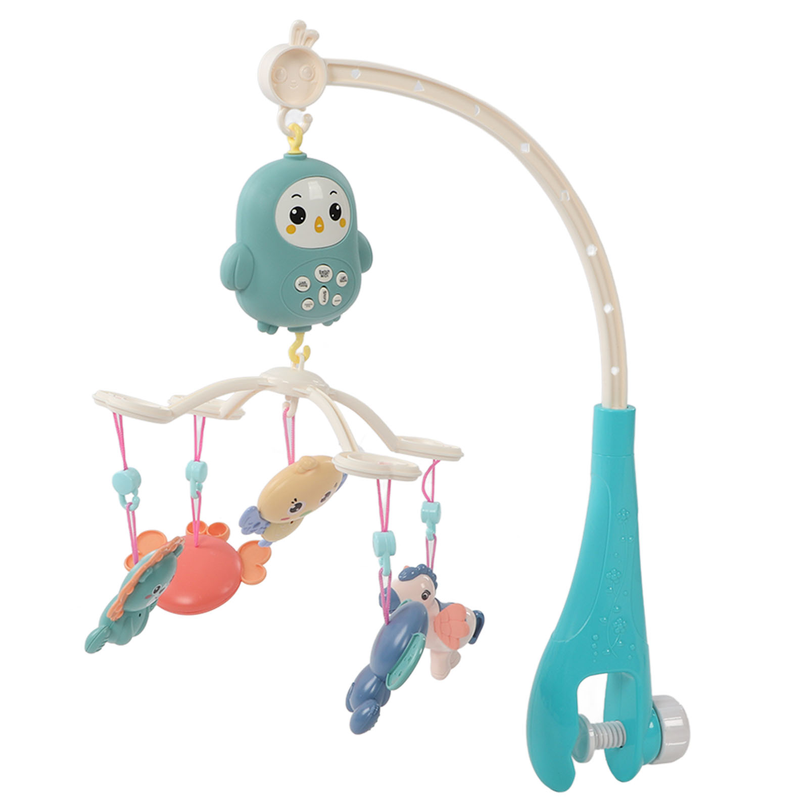 Ein Babymobile mit hängenden Spielzeugen in Blau, Gelb und Orange. Ein tealfarbener Stützarm ist sichtbar.