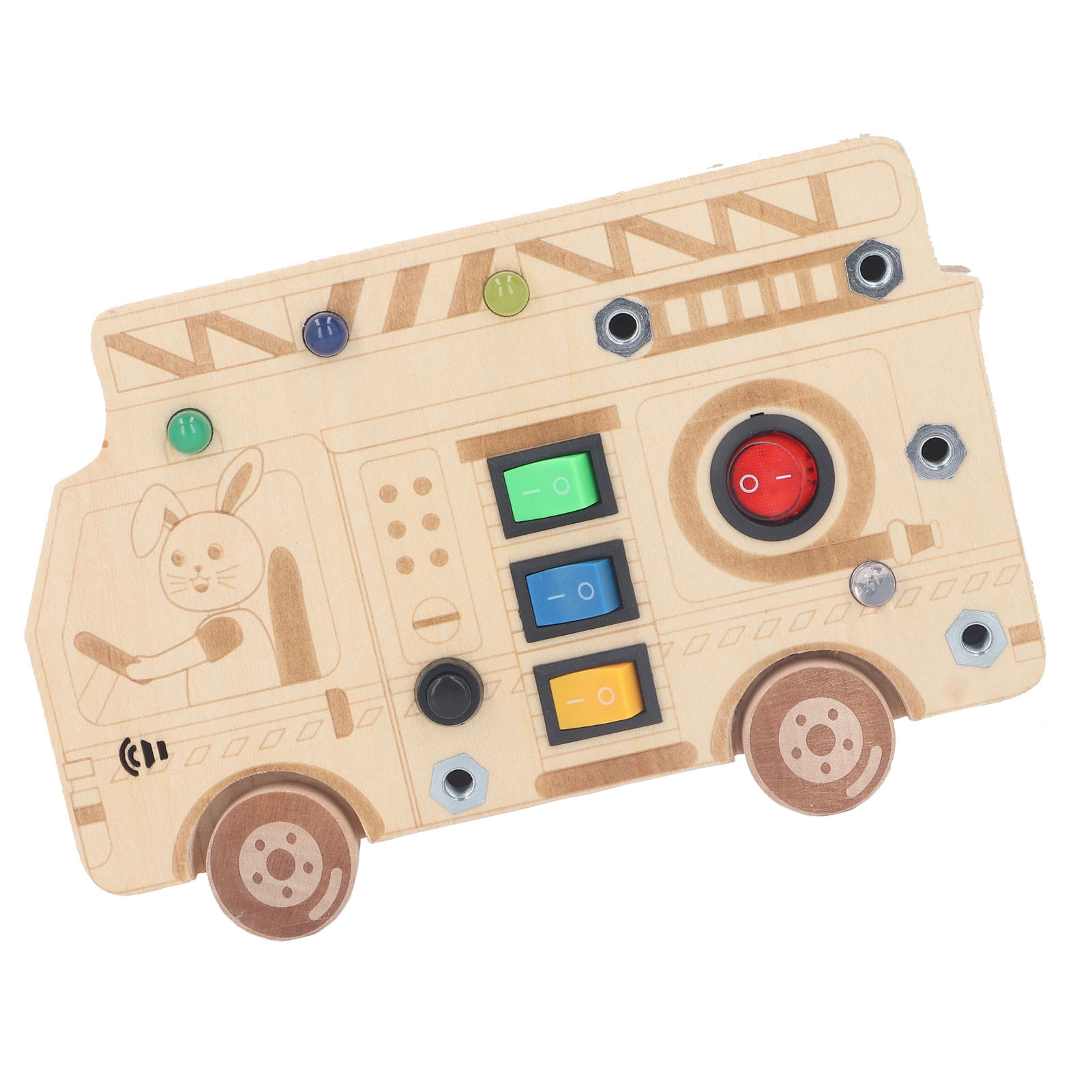 Holzspielzeug-LKW mit Knöpfen und Schaltern, mit einer lächelnden Hasen-Illustration.