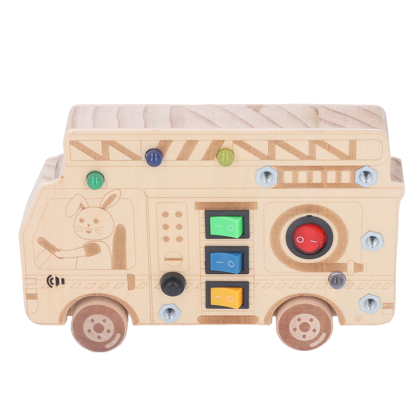 Ein Holzspielzeugbus mit Fenstern, Knöpfen und Verschlüssen, für pädagogisches Spiel konzipiert.