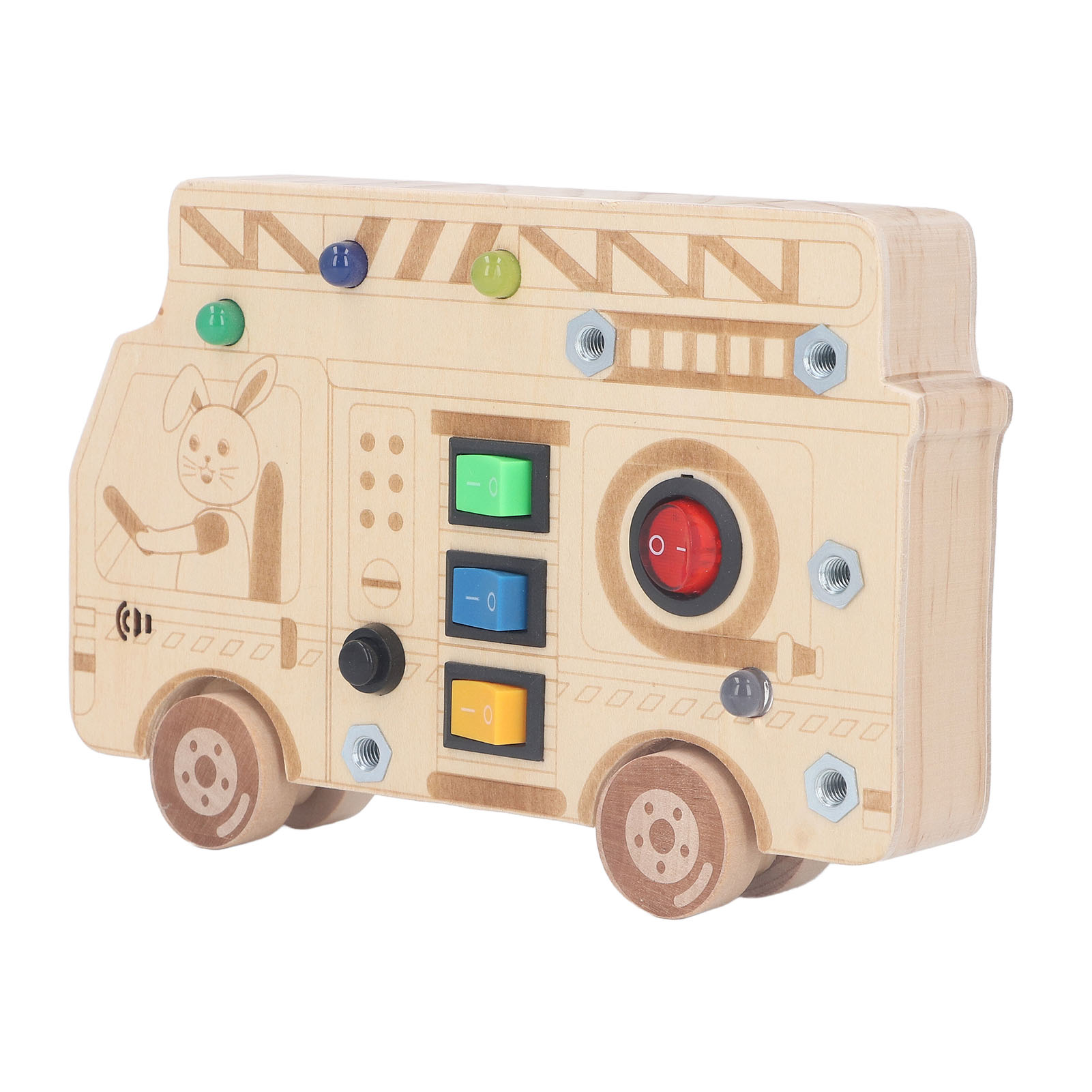 Holzspielzeugbus mit Knöpfen, Lichtern und Rädern. Eine Kaninchenfigur ist an der Seite.