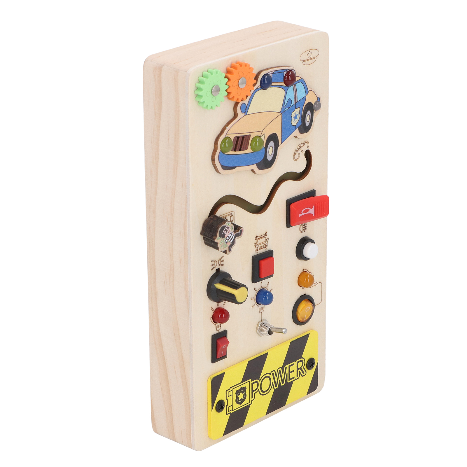 Holz-Aktivitätstafel mit Spielzeugauto, Zahnrädern, Lichtern, Schaltern und einem Strometikett.