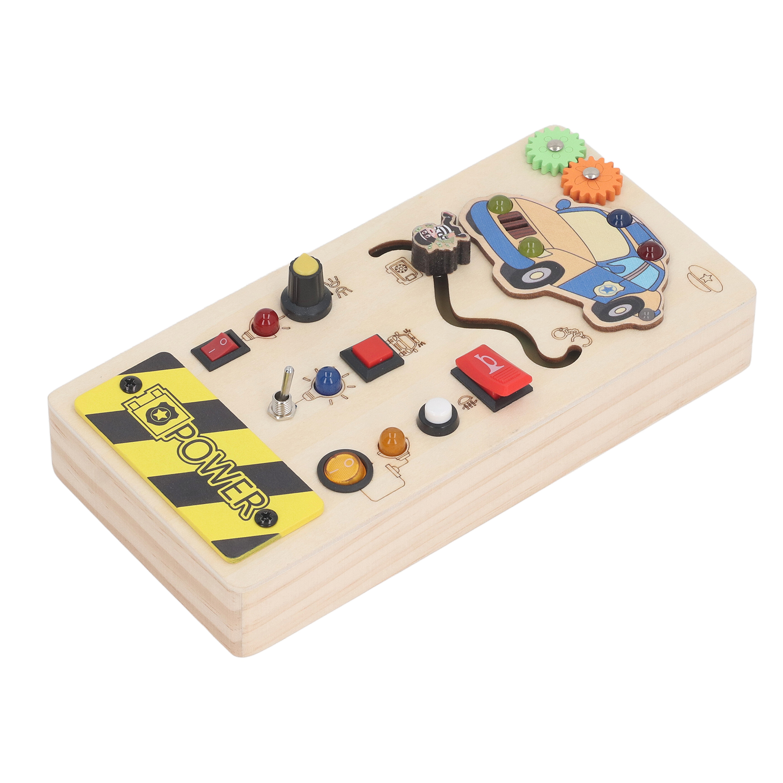 Ein Holzbrett mit verschiedenen Schaltern und Knöpfen sowie einem Spielzeugauto.