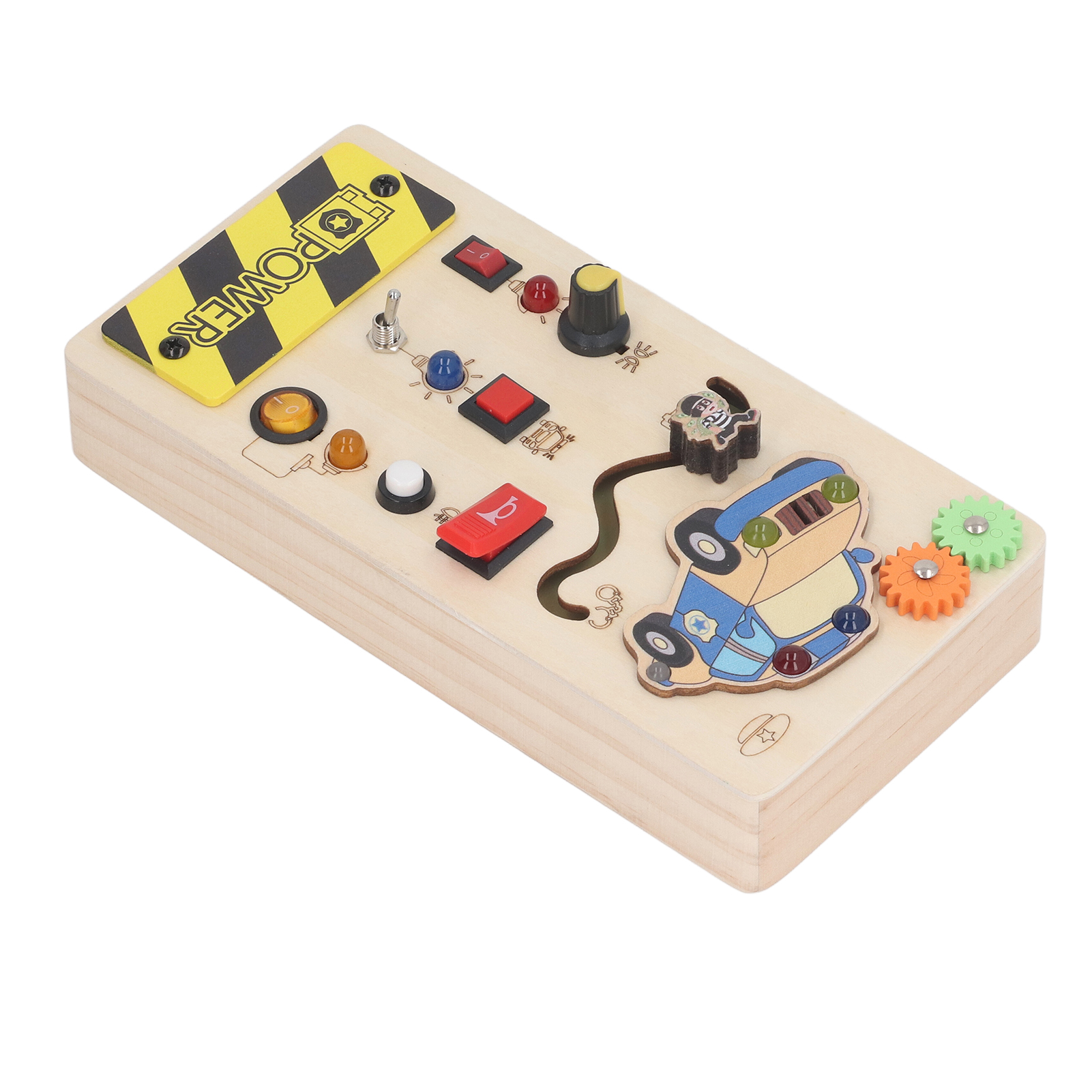 Holzspielzeug mit Knöpfen, Lichtern, einem Schalter und einem Puzzle-Teil in Autoform.