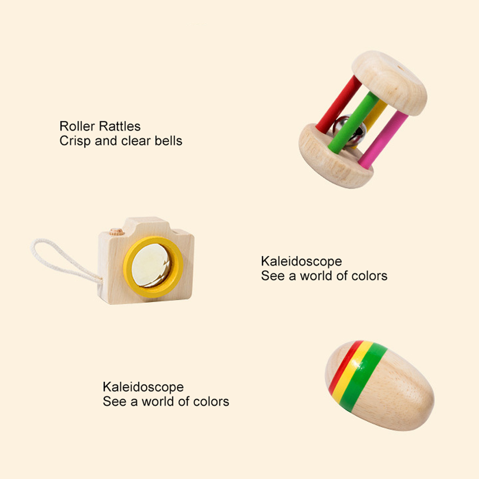 Holzspielzeug: Rollerrassel, Kamera und Kaleidoskop. Verschiedene Farben. Weicher Hintergrund.