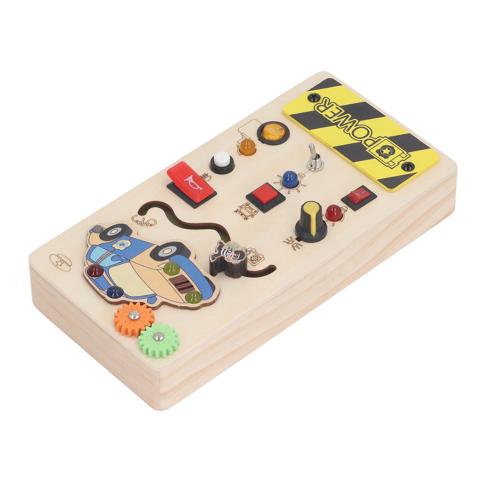 Ein Holzspielzeug mit Knöpfen, Zahnrädern und einem Spielzeugauto. Es hat ein gelb-schwarzes Stromzeichen.