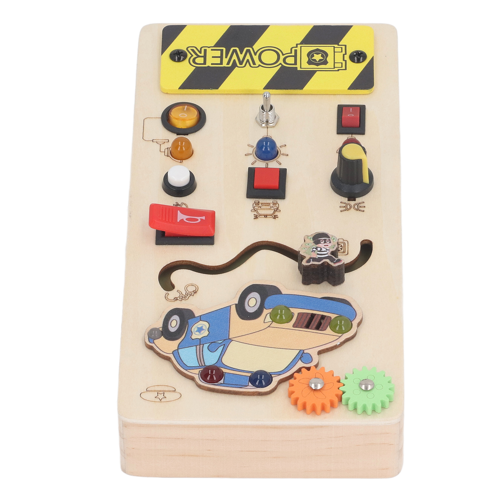 Holzspielzeug mit verschiedenen Knöpfen, Schaltern und einem Auto-Puzzle.