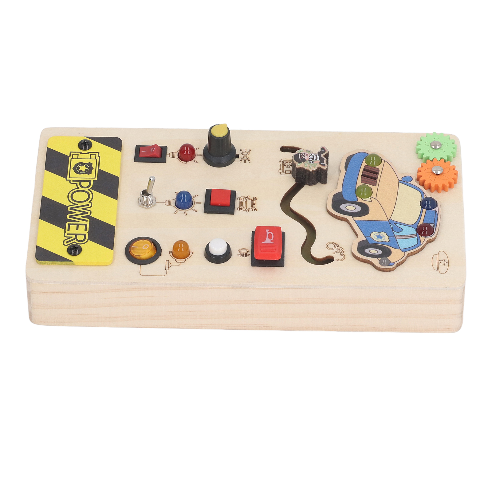 Holzspielzeug mit Schaltern, Knöpfen und einer Autoform.