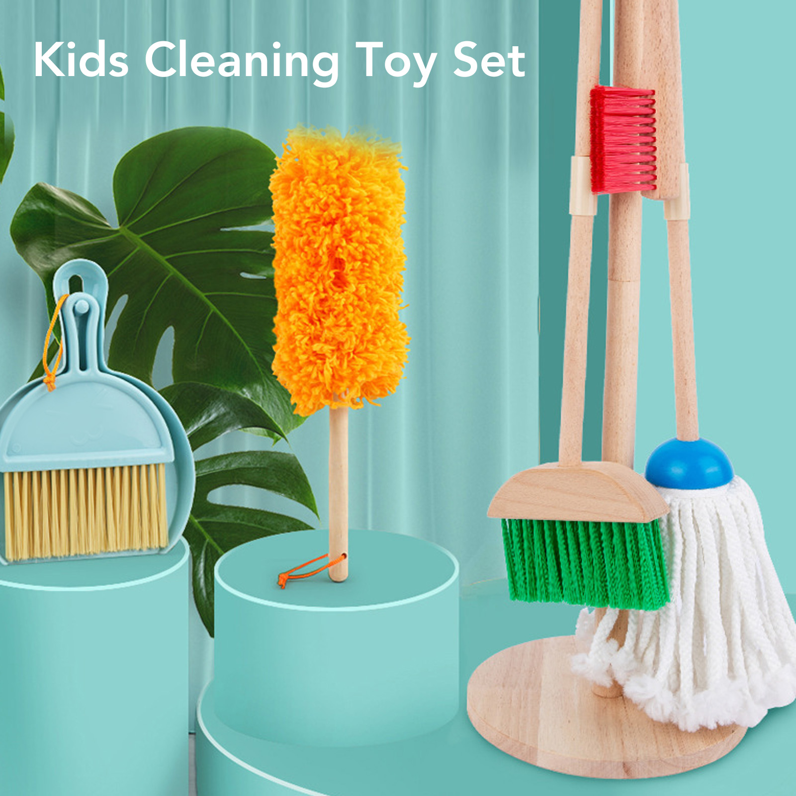 Kinderspielzeug-Reinigungsset mit Staubtüchern, Bürsten und einem Mopp. Das Set steht auf blauen Zylindern.