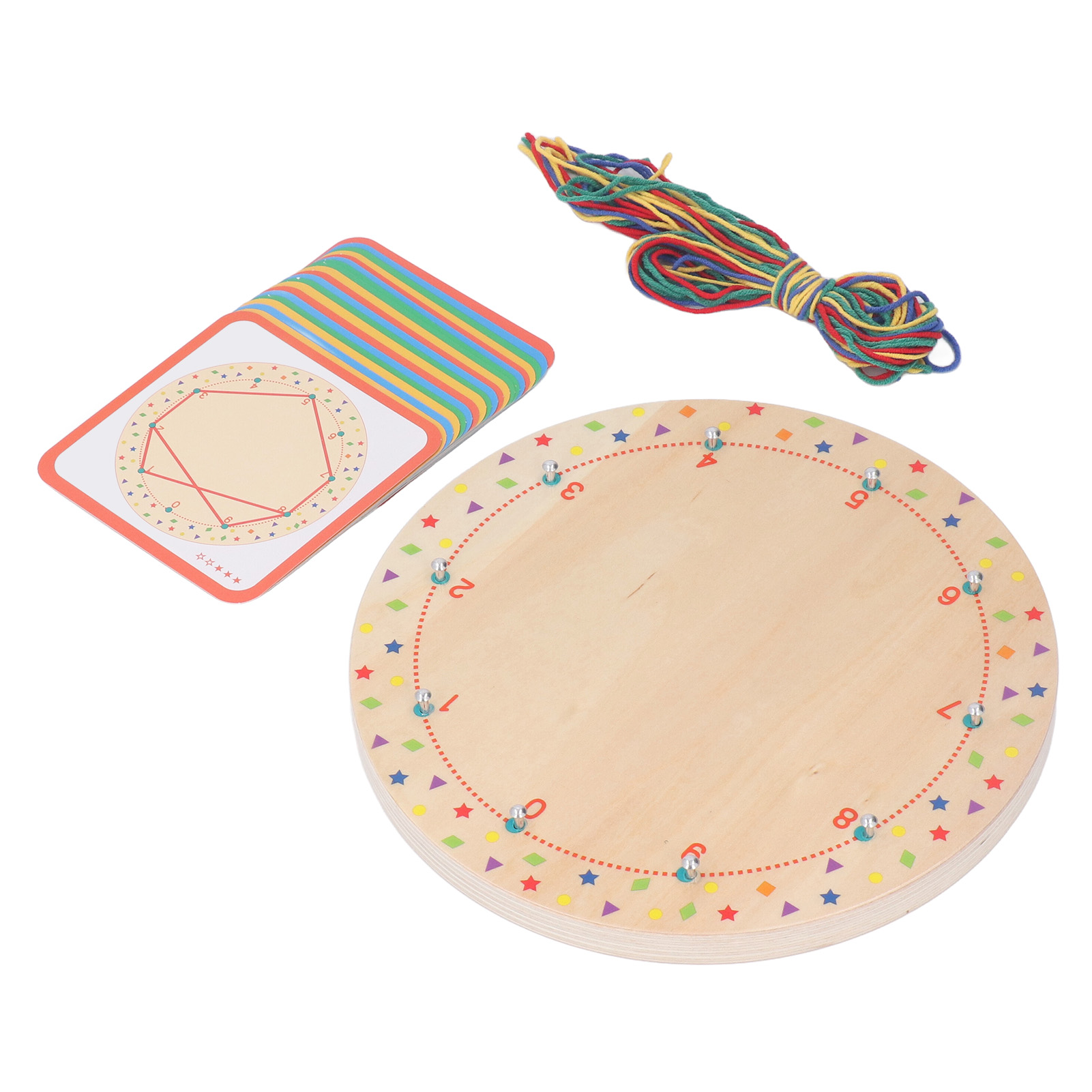 Holz-Lernspielzeug mit nummerierten Löchern, Karten und bunter Schnur.