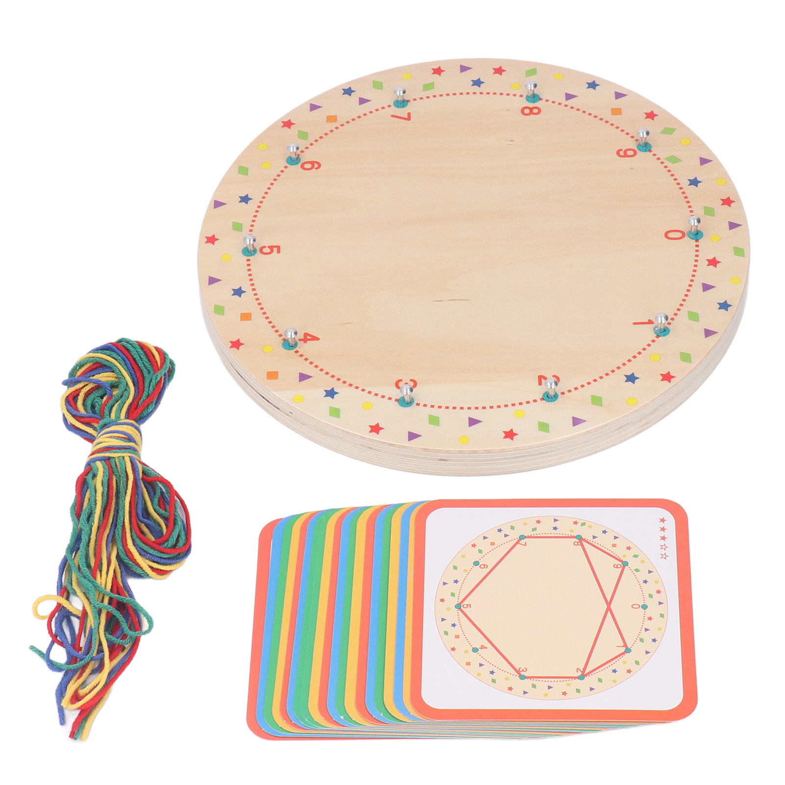 Lernspielzeug aus Holz mit Kreis, Zahlen, bunten Karten und Schnur zum Auffädeln.