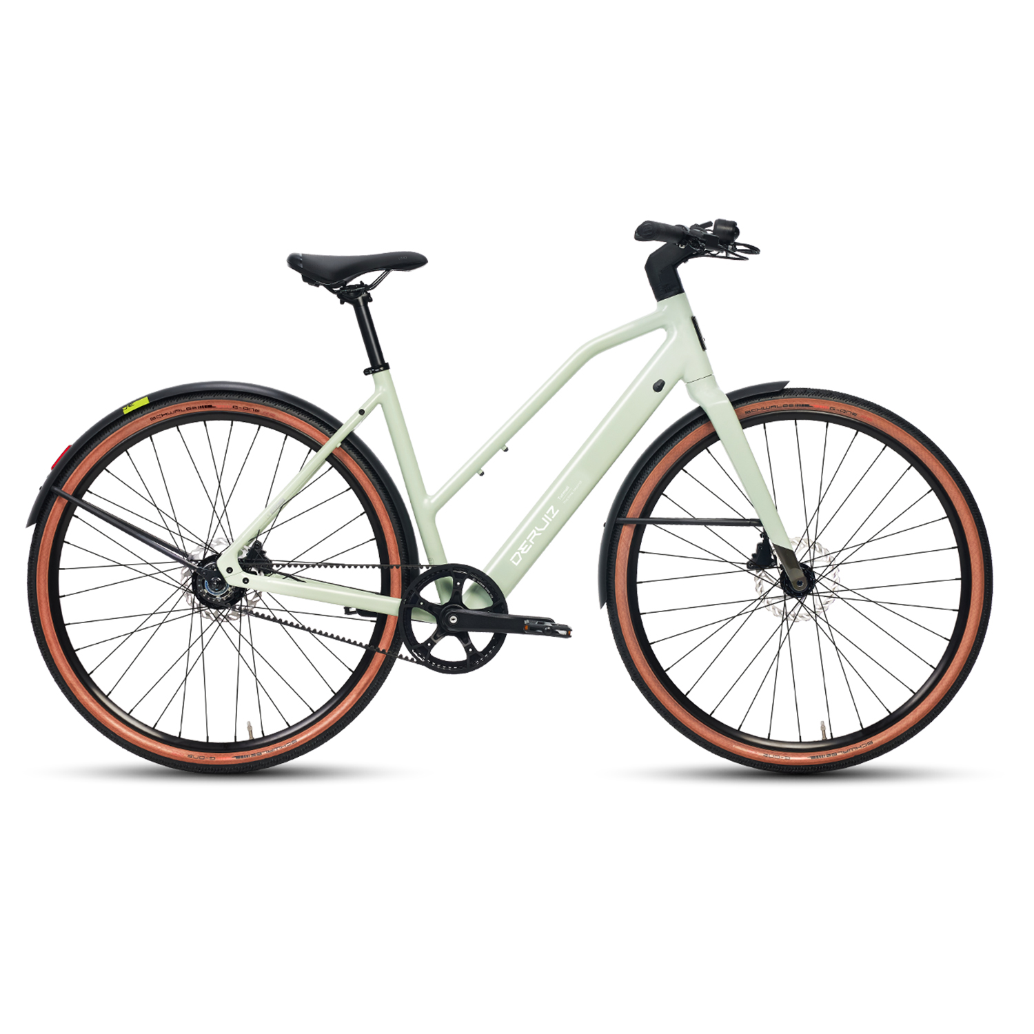 Hellgrünes Fahrrad mit braunen Reifen auf weißem Hintergrund.