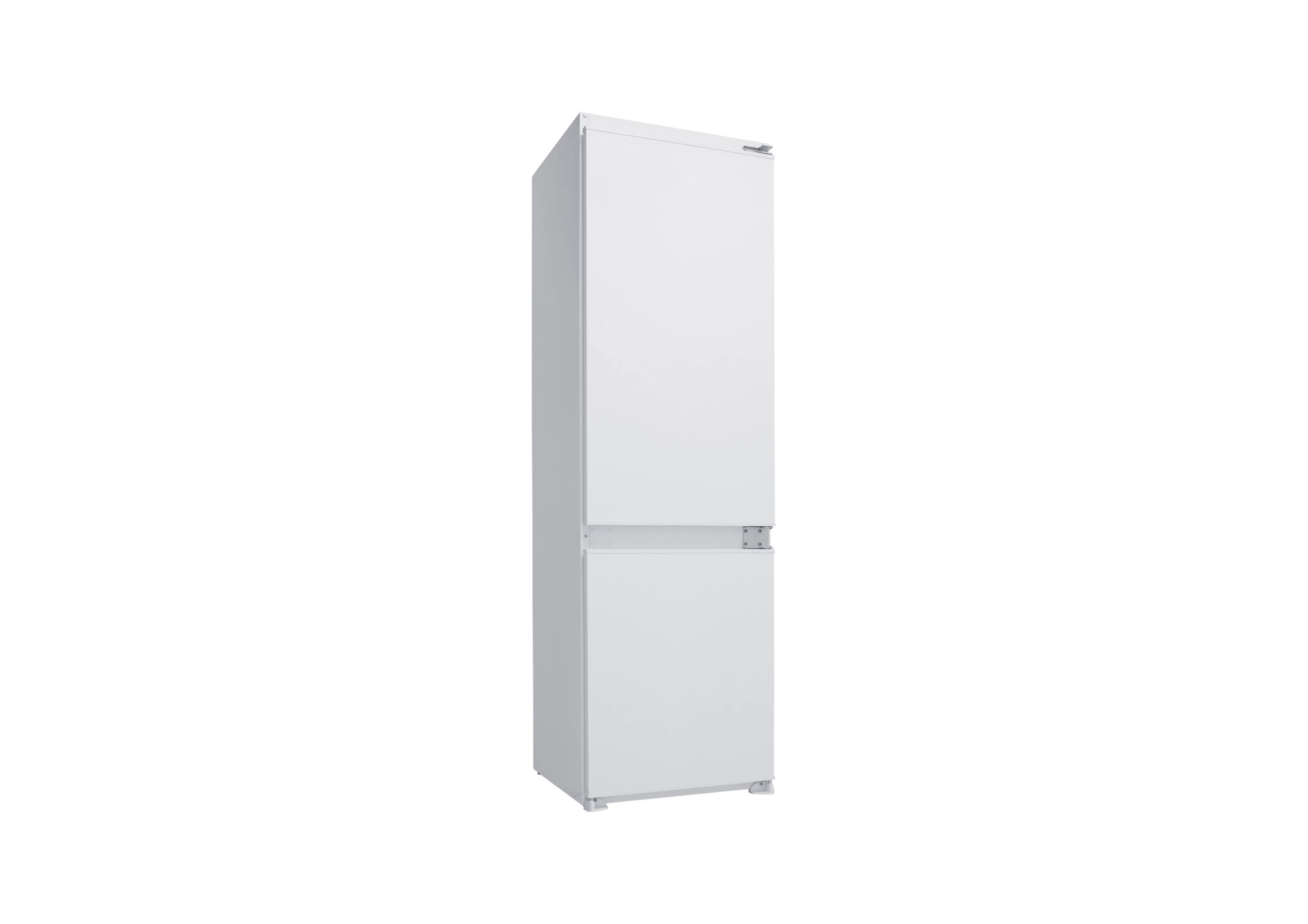 A tall, white refrigerator stands upright on a white background. It has two doors.