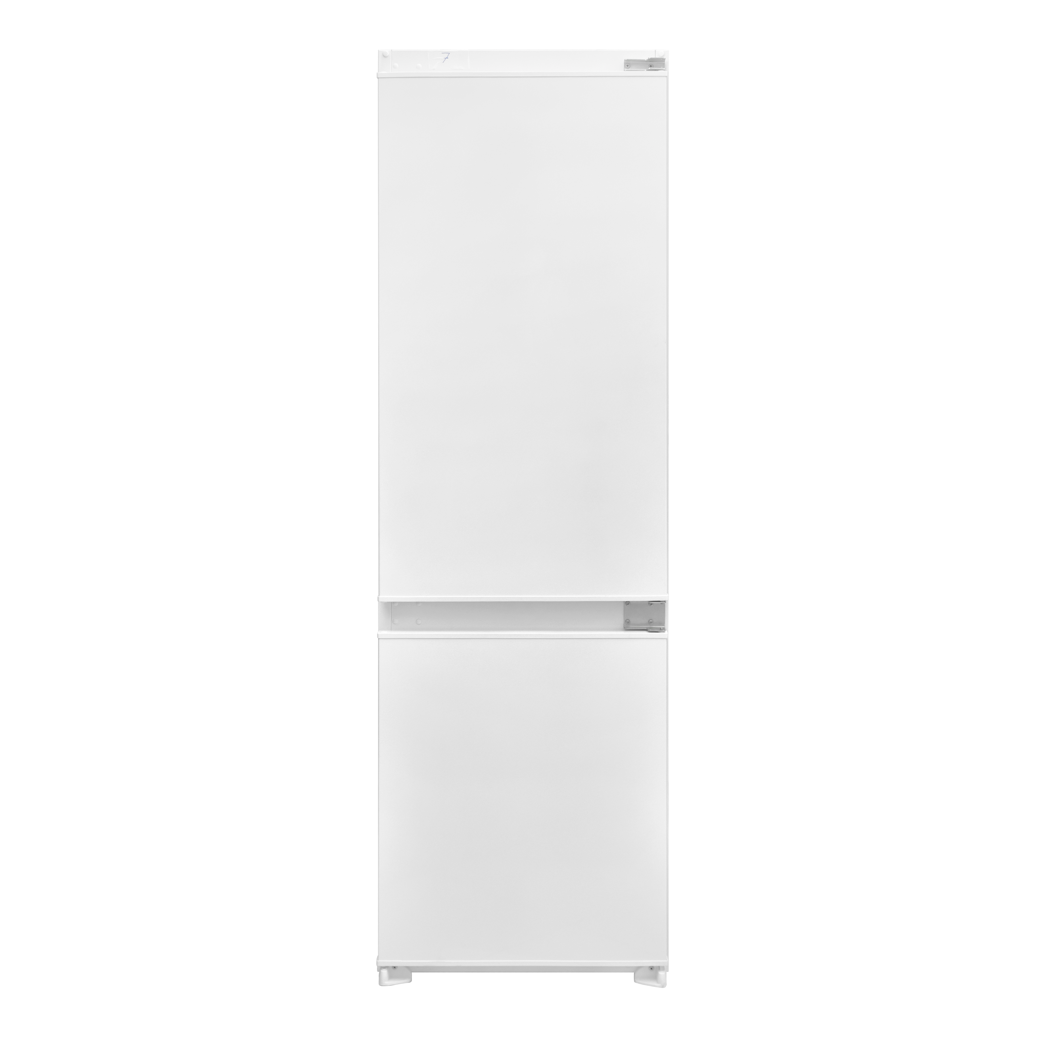 A white, two-door refrigerator, shown against a black background. The doors are closed.