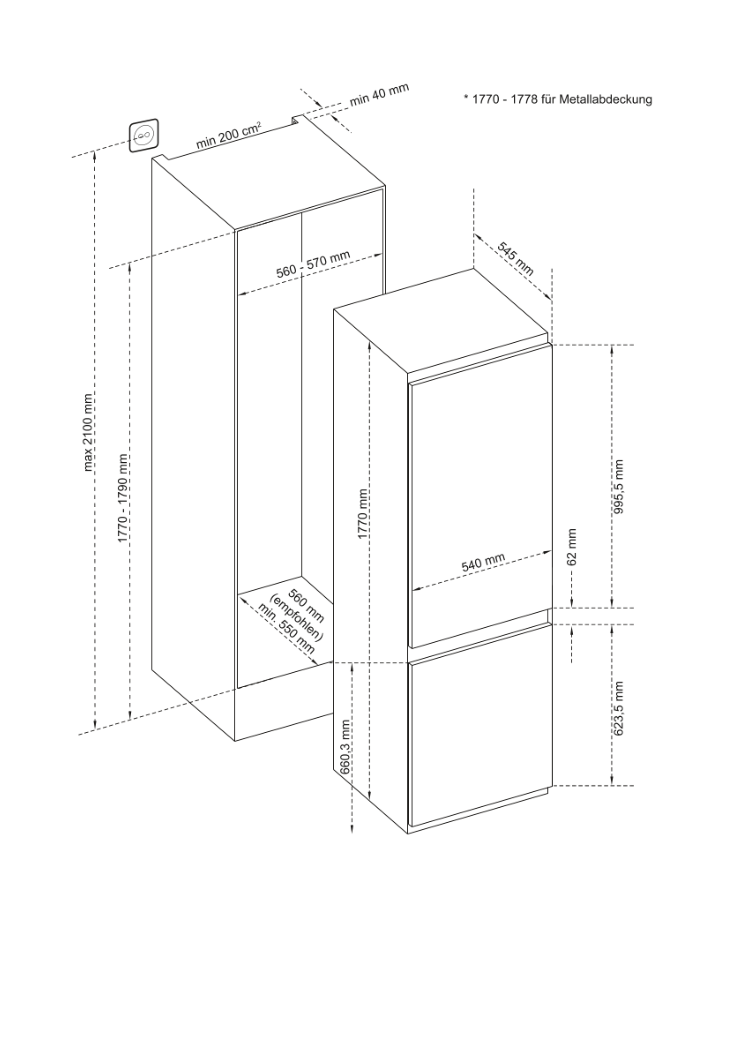 Diagram of a built-in refrigerator with dimensions and labels.