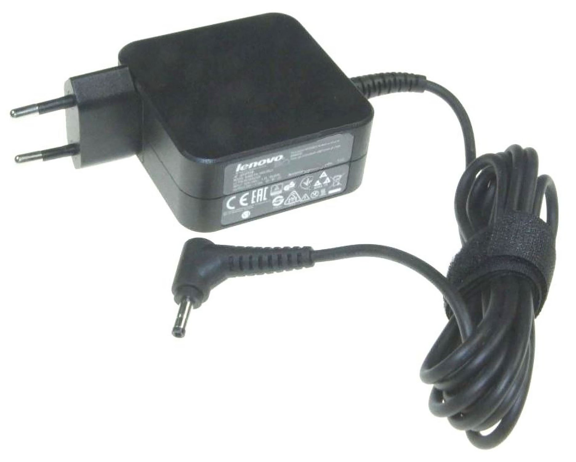 Schwarzes Lenovo Laptop-Ladegerät mit Netzteil und schwarzem Kabel.
