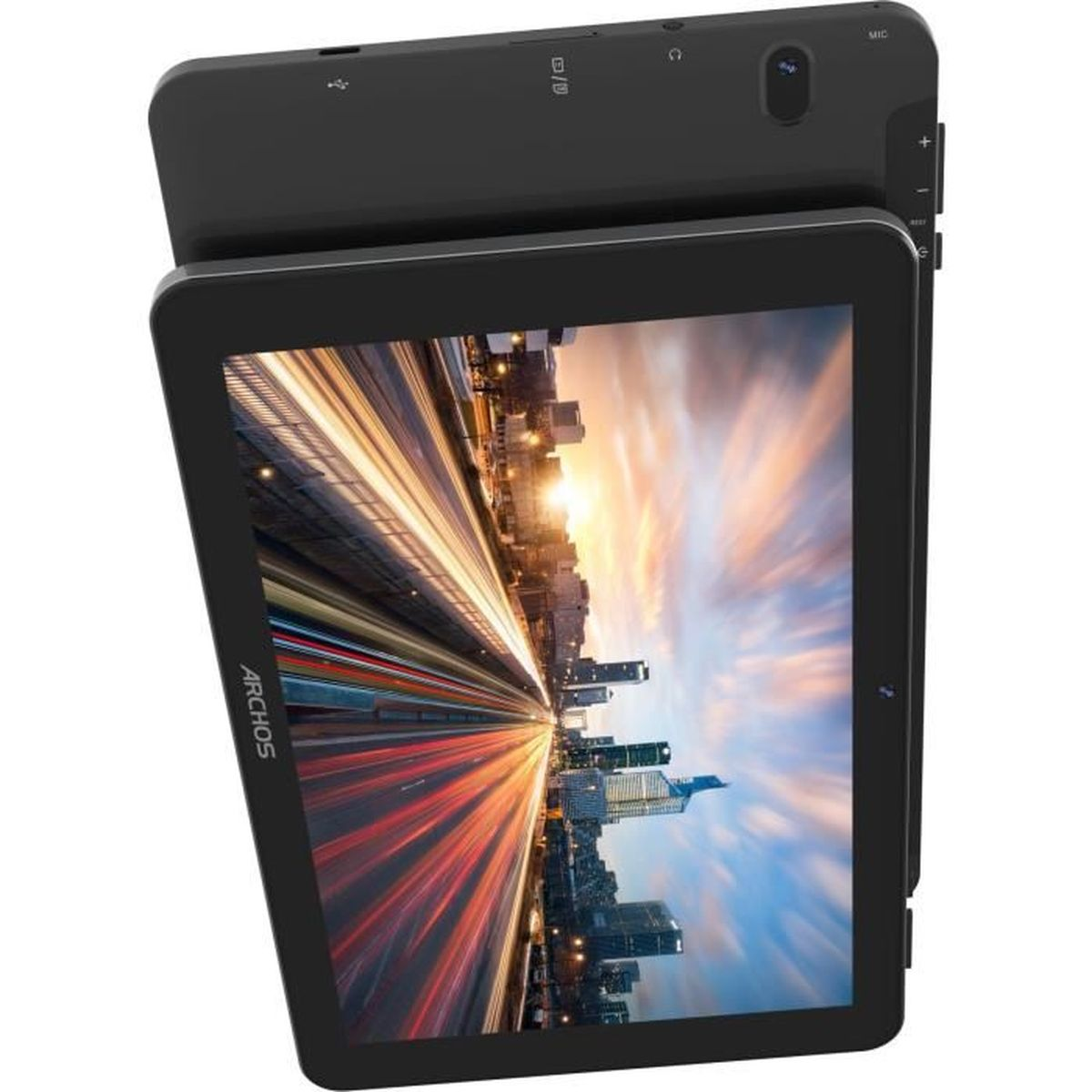 Tablet nero che mostra una strada notturna. Logo Archos in basso. Tasti laterali.