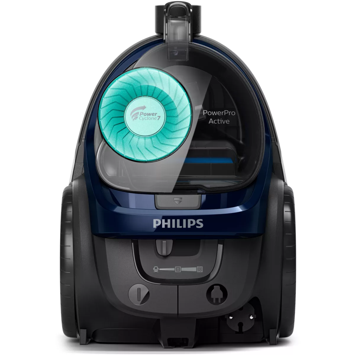 Dunkelblauer Philips PowerPro Active Staubsauger mit transparentem Staubbehälter und schwarzen Rädern.
