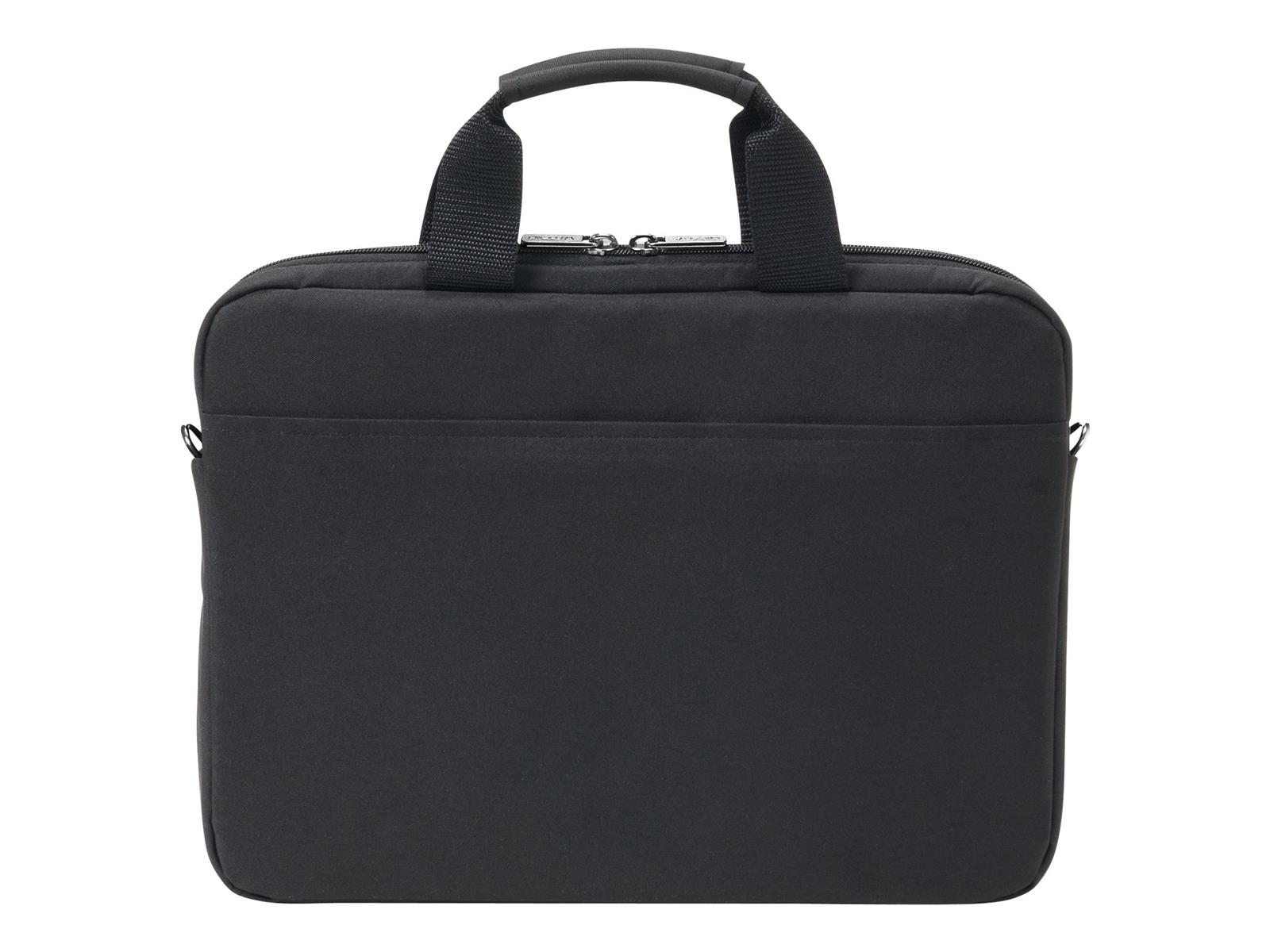 Borsa per laptop nera, rettangolare. Ha un manico e un attacco per tracolla.