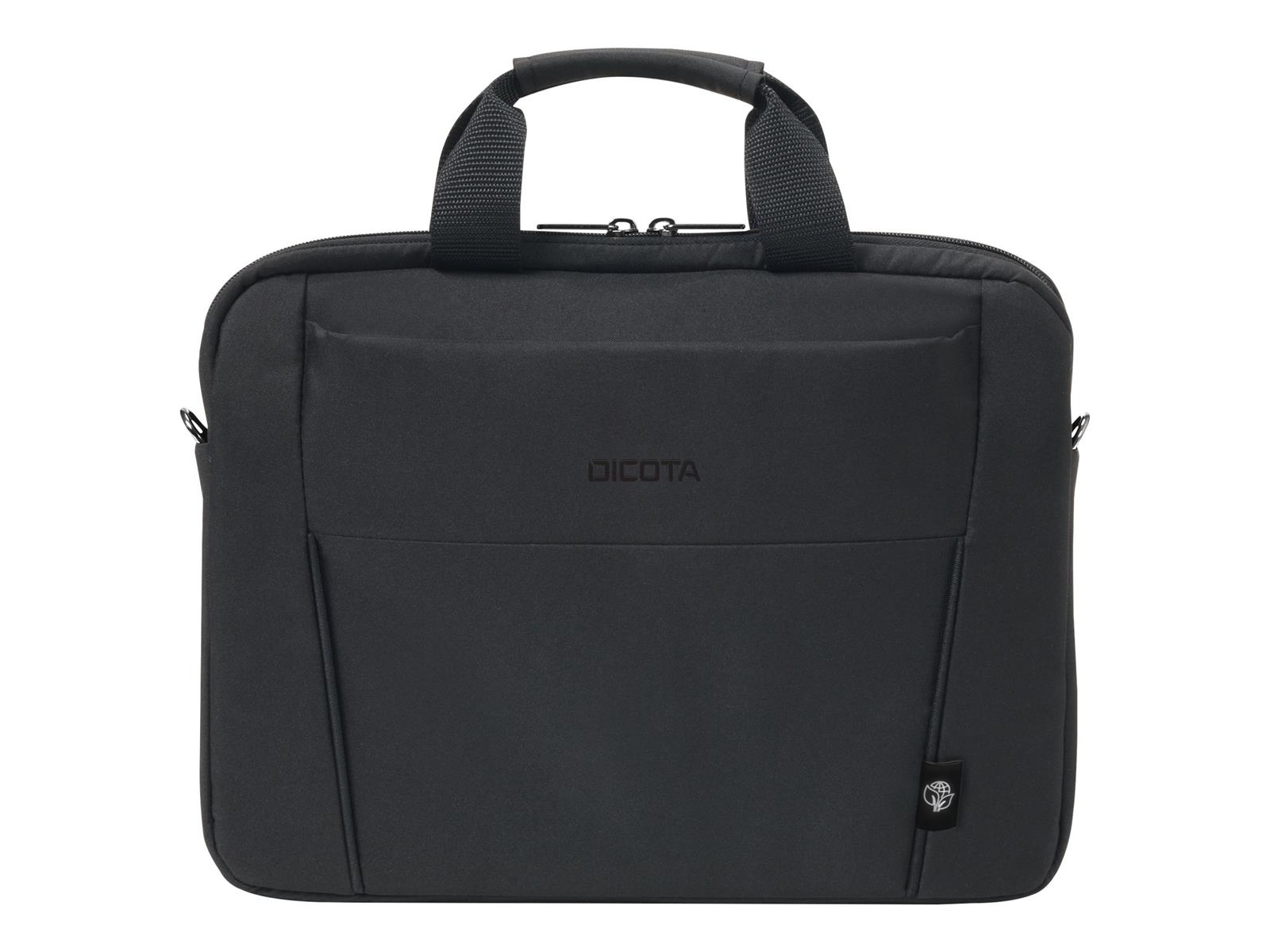 Eine schwarze Laptoptasche mit Griff und Schulterriemen, mit dem Markennamen Dicota.