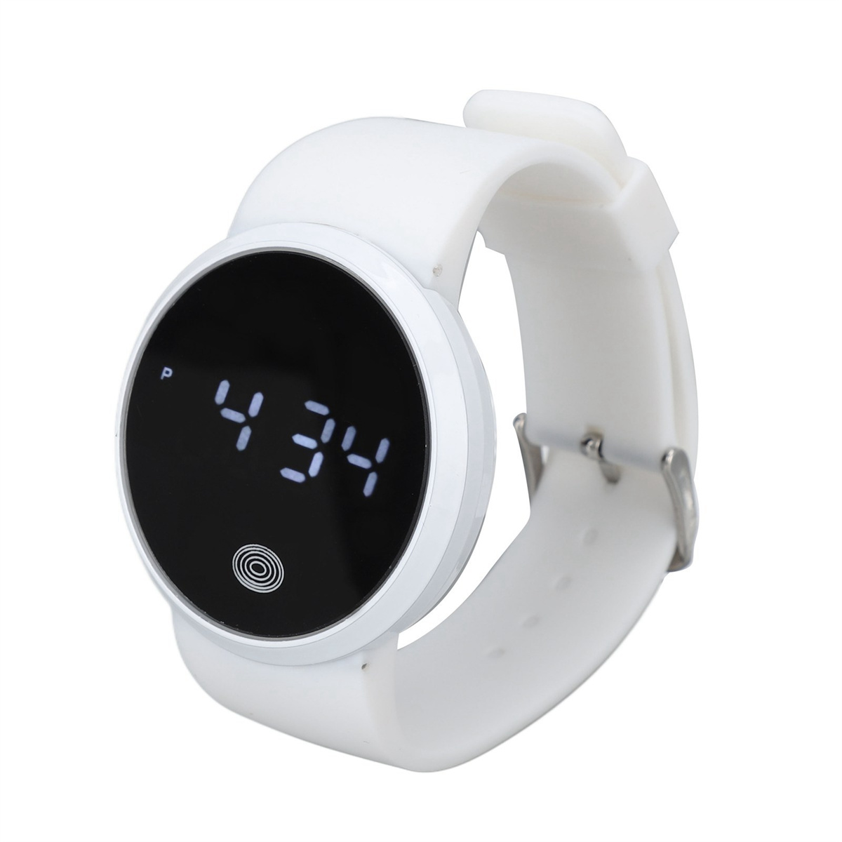 Weiße Smartwatch mit schwarzem, kreisförmigem Display. Die Uhrzeit ist 4:34. Weißes Armband mit Verschluss.