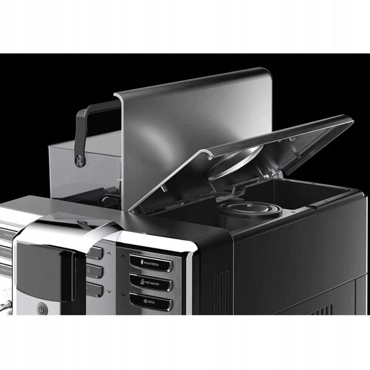 Zbliżenie ekspresu do kawy z otwartymi elementami, pokazujące mechanizmy.