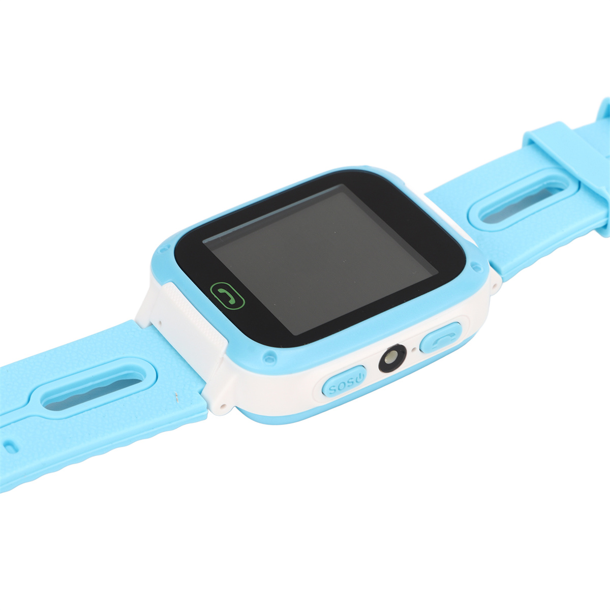 Eine hellblaue Smartwatch mit schwarzem Bildschirm und hellblauem Armband, auf weißer Oberfläche.